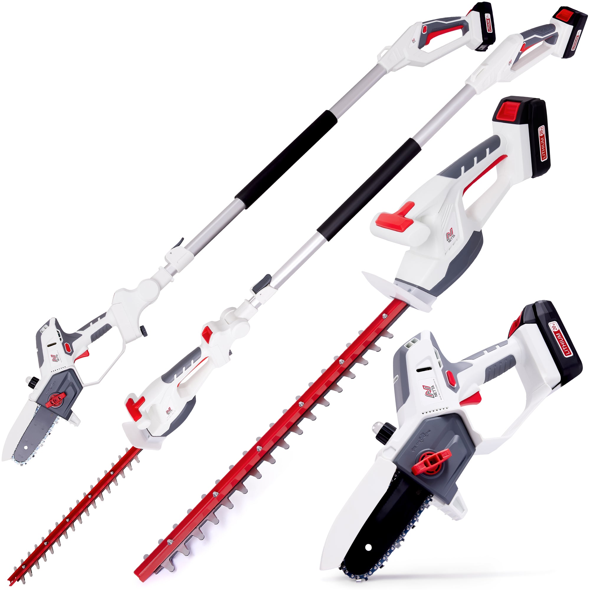 NETTA 20V Cordless 4-In-1 Pole & Handheld Hedge Trimmer and Chainsaw