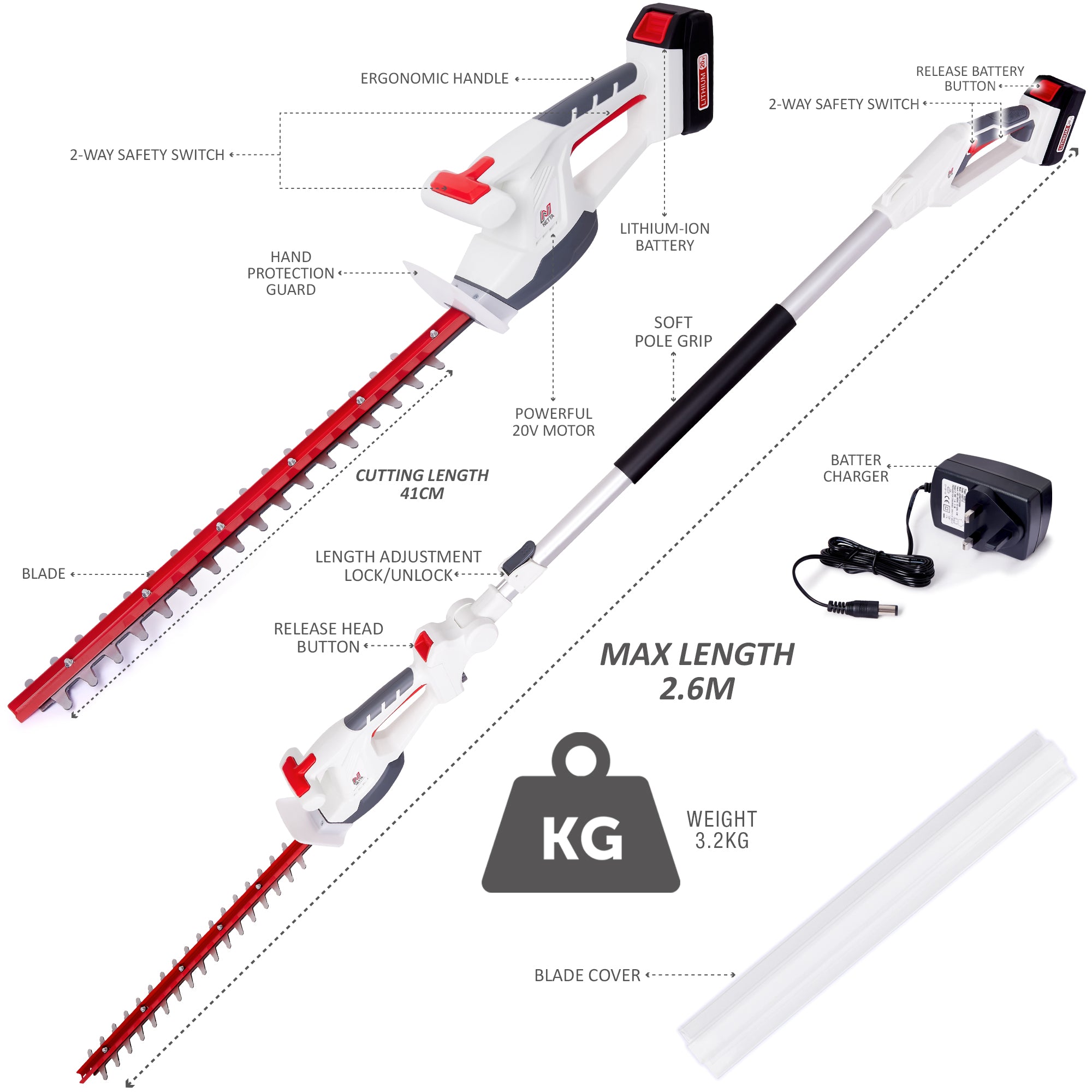 NETTA 20V Cordless 4-In-1 Pole & Handheld Hedge Trimmer and Chainsaw