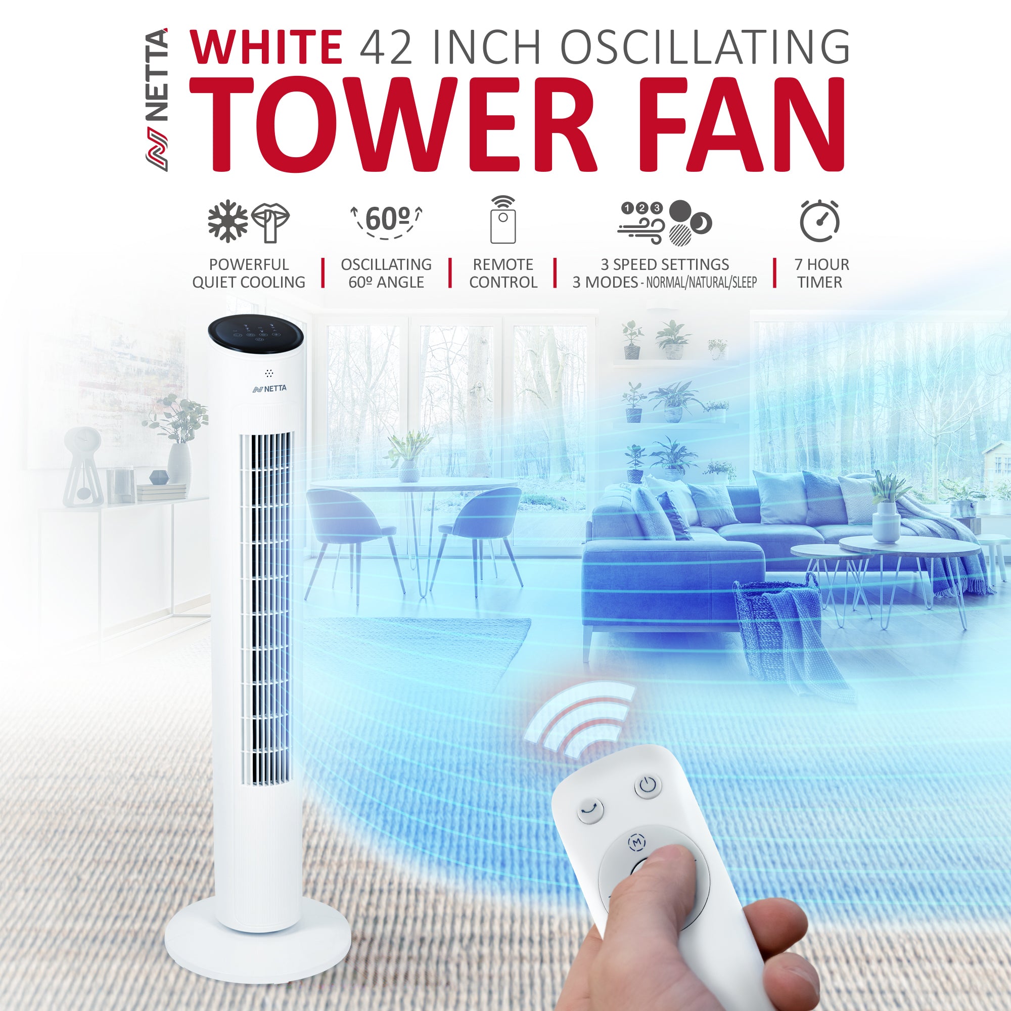 NETTA 42 Inch Tower Fan with Remote Control