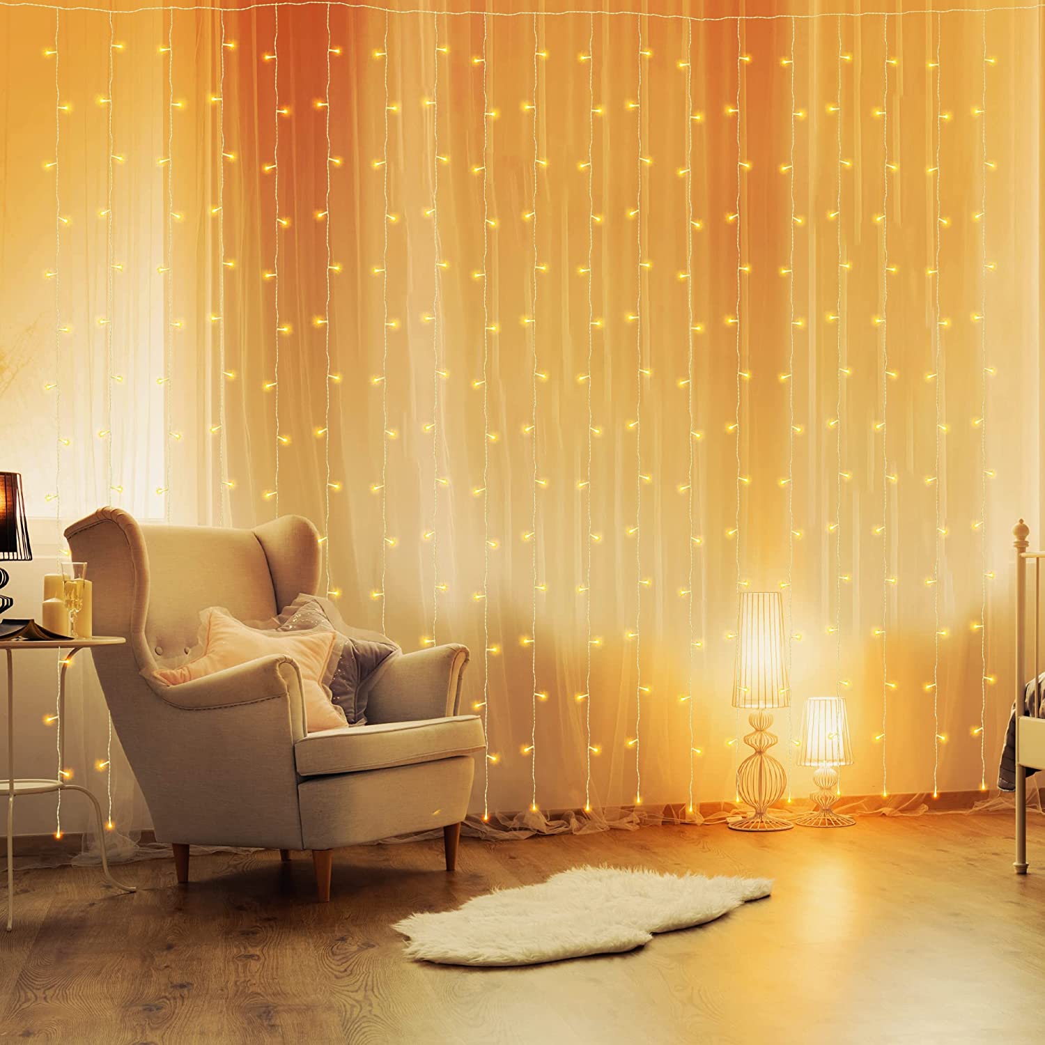 NETTA Curtain Fairy Lights - 3M x 3M, Waterproof LED with Timer, 8 Modes - Warm White