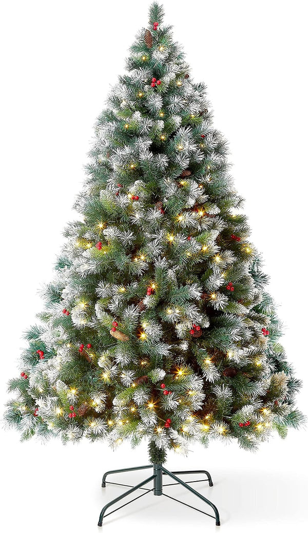 6FT Claudia Pre Lit Christmas Tree with 300LED Lights with Timer, 8 Light Modes, Decorative Pinecones and Berries