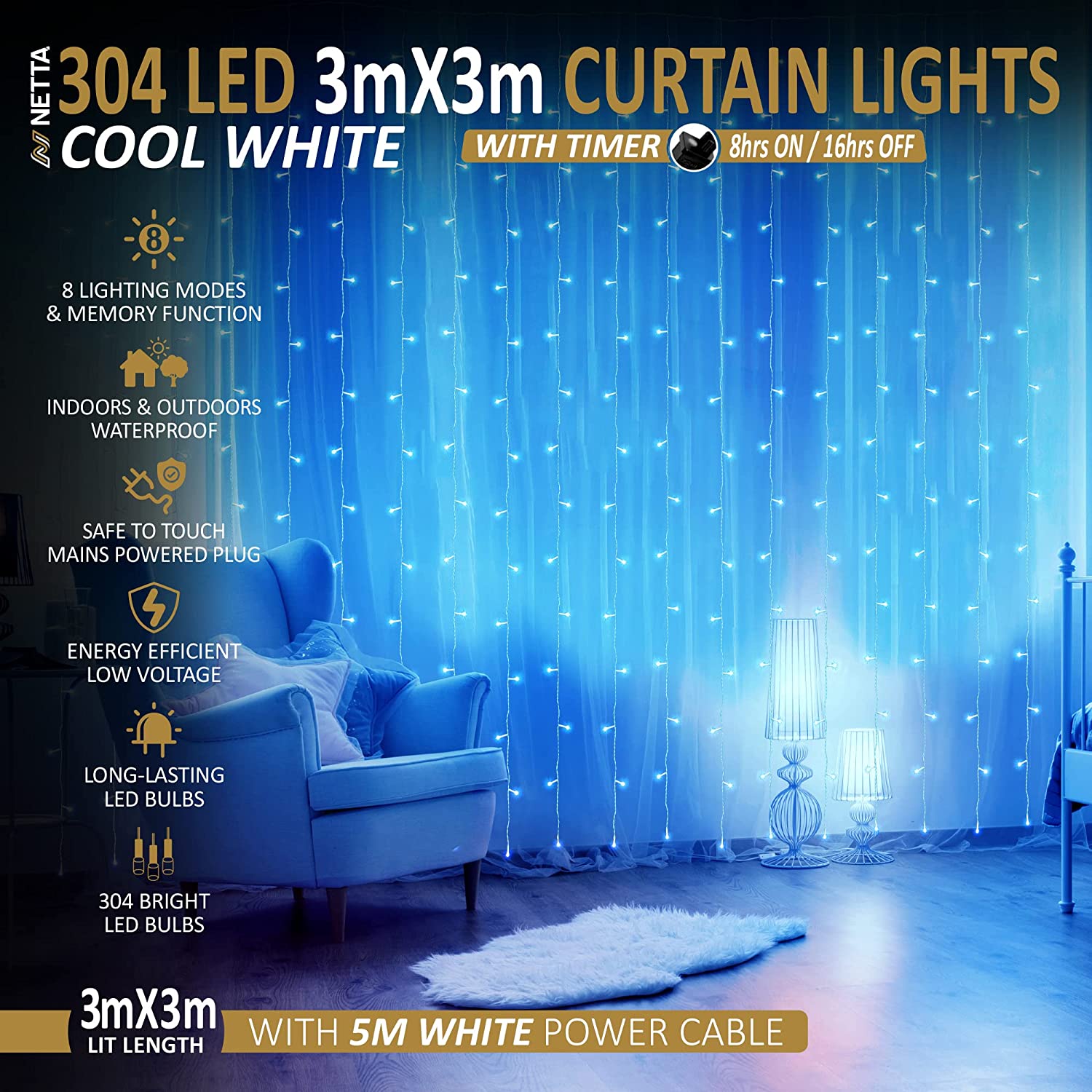 NETTA Curtain Fairy Lights - 3M x 3M, Waterproof LED with Timer, 8 Modes - Cool White