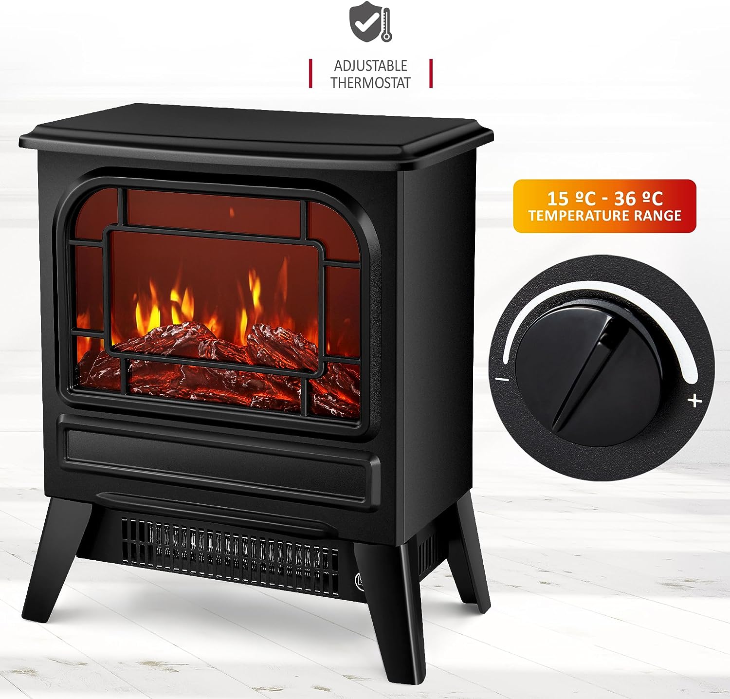 NETTA 1950W Freestanding Stove Heater With Realistic Fire Flame Effect