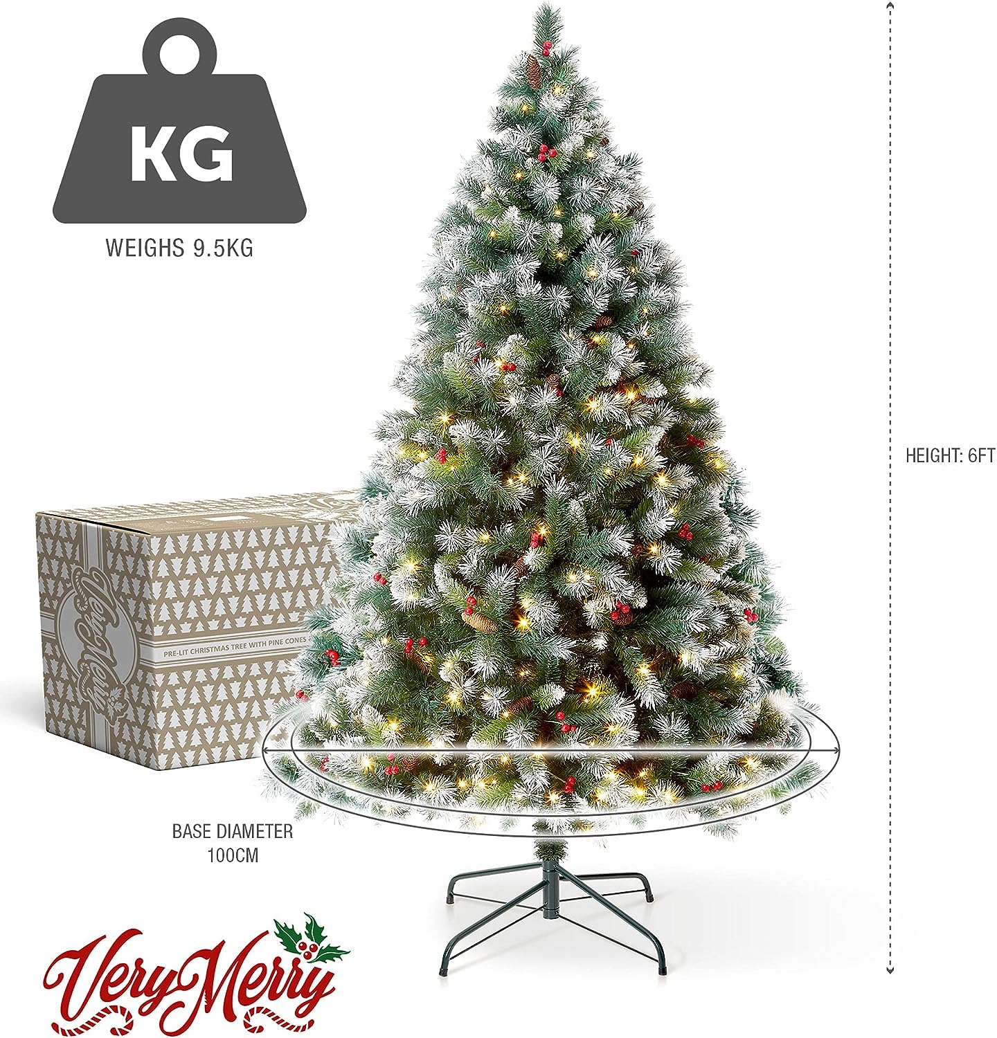 VeryMerry 6FT 'Claudia' Pre-Lit Christmas Tree with 300 Built-In Warm White LED Lights with Auto-Off Timer, 8 Lighting Modes, Decorative Pinecones and Berries