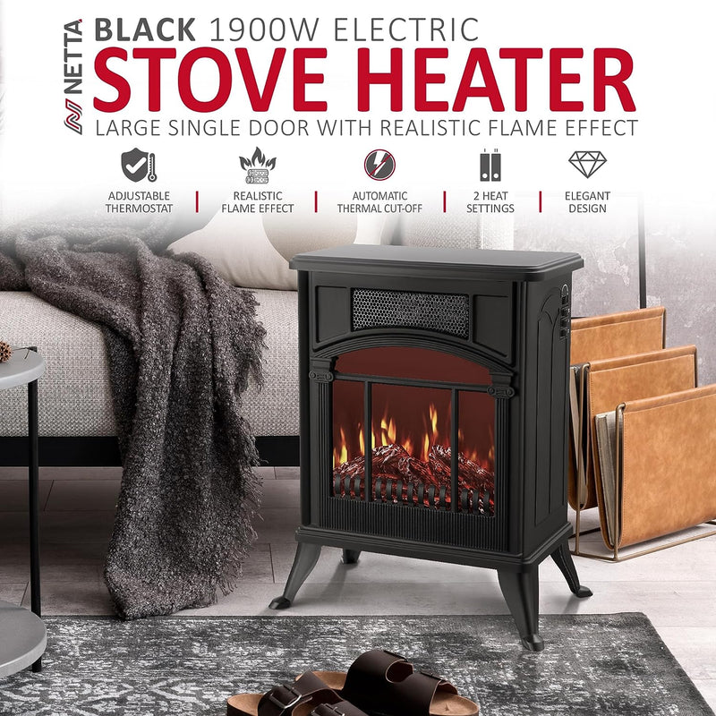 NETTA 1900W Freestanding Stove Heater With Realistic Fire Flame Effect