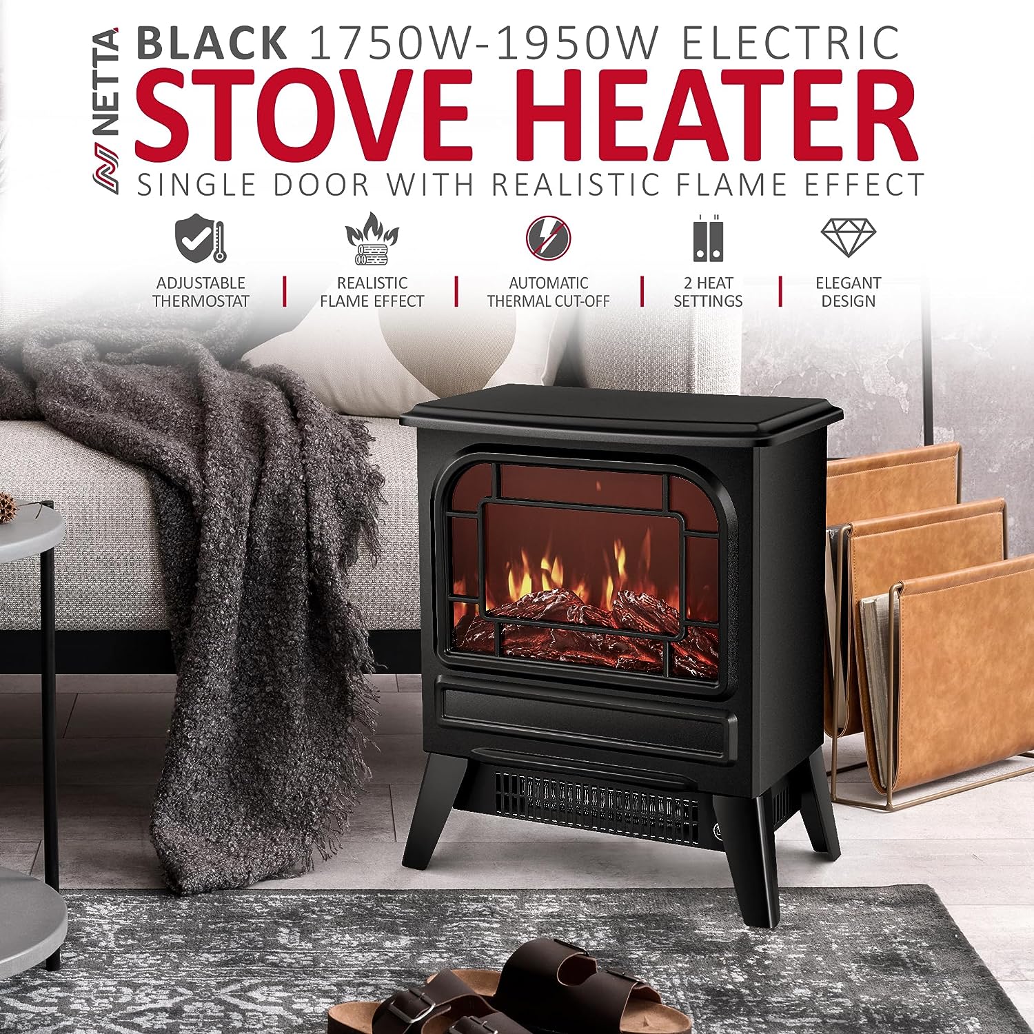 NETTA 1950W Freestanding Stove Heater With Realistic Fire Flame Effect