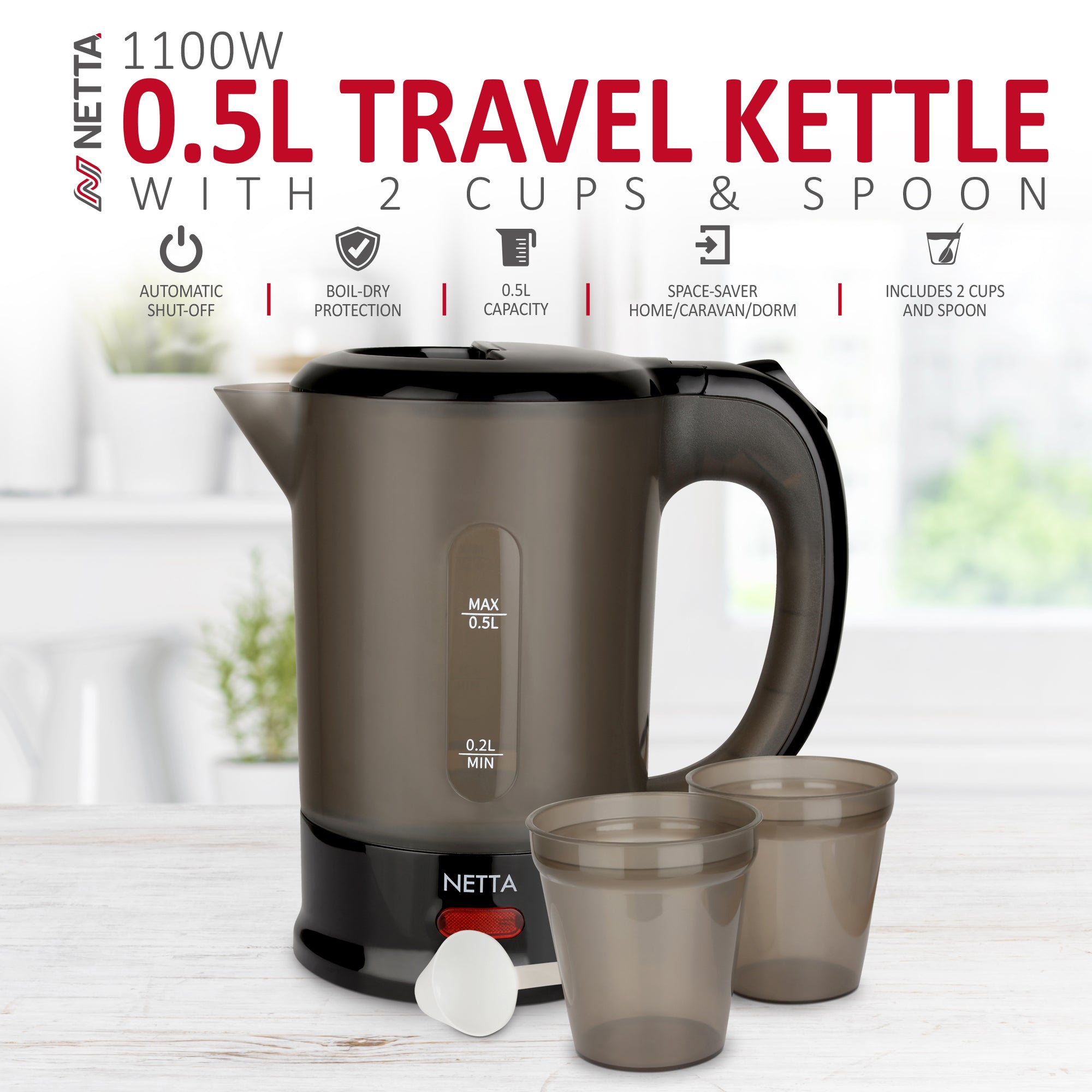 NETTA 0.5L Travel Kettle with 2 Cups - 1100W