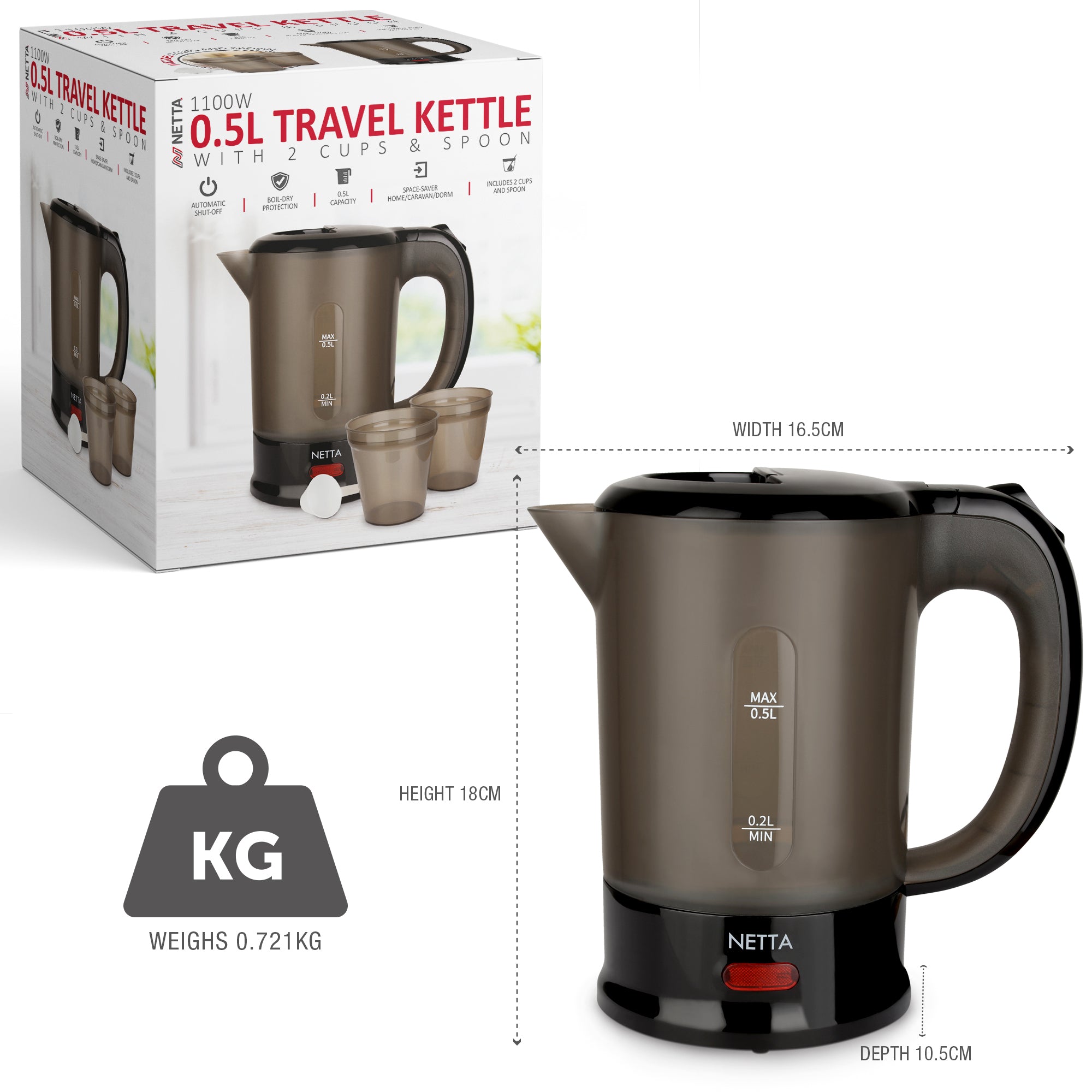 NETTA 0.5L Travel Kettle with 2 Cups - 1100W