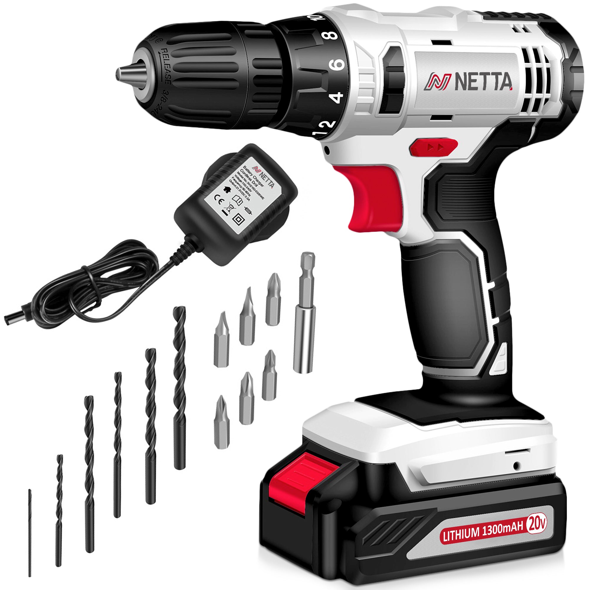 NETTA 20V Cordless Drill with 13pc Accessory and LED Work Light