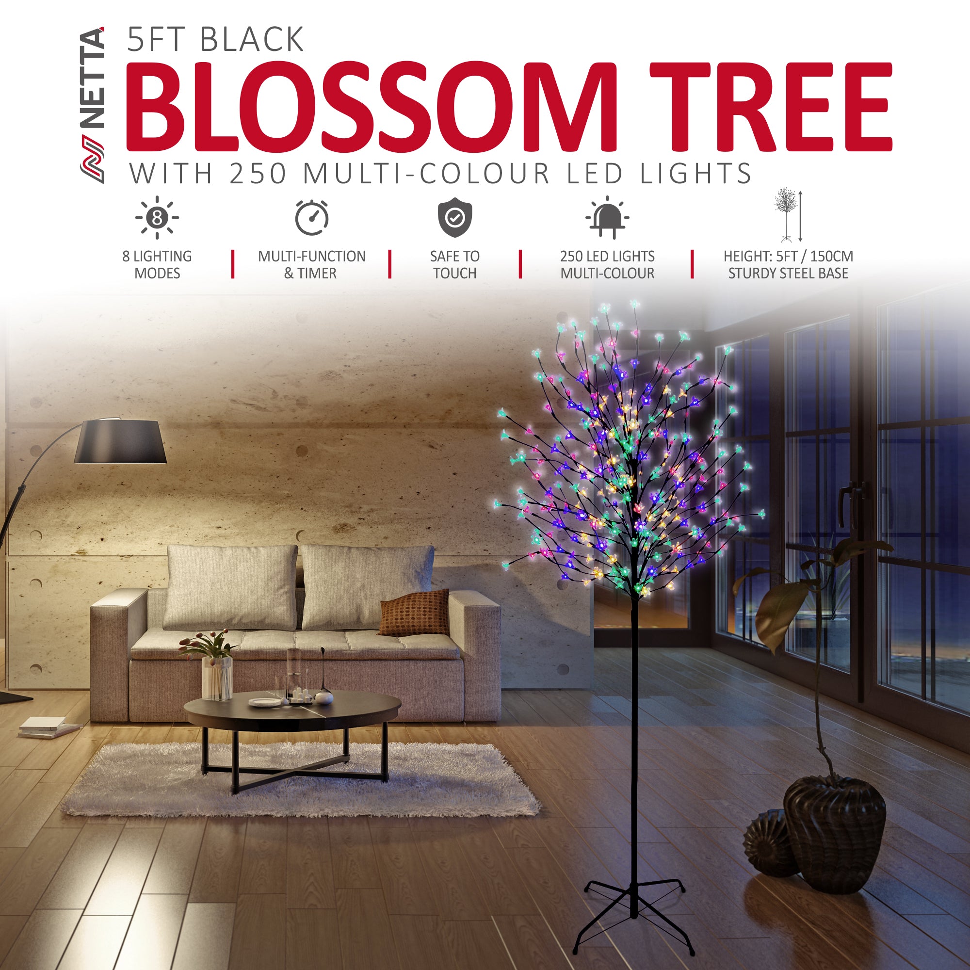 NETTA 5FT LED Cherry Blossom Tree, 250 Pre-Lit Lights, Auto-Off Timer and 8 Lighting Modes, 3M Power Cable, Suitable for Indoor and Outdoor Use - Multi-Colour