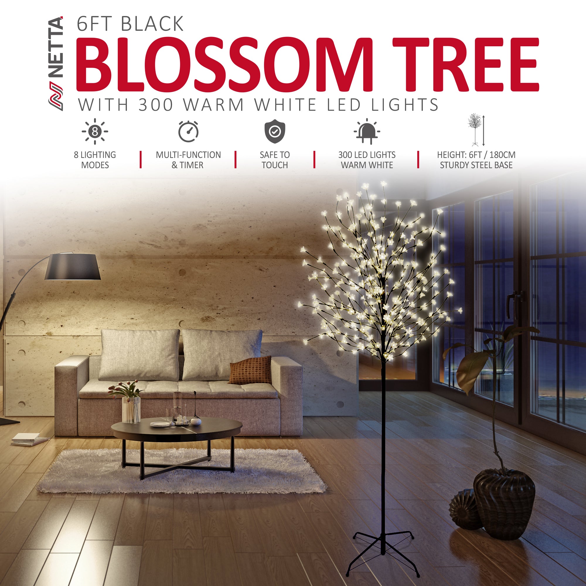 NETTA 6FT LED Cherry Blossom Tree, Pre-Lit 300 Lights, Auto-Off Timer and 8 Lighting Modes, 3M Power Cable, Suitable for Indoor and Outdoor Use - Warm White