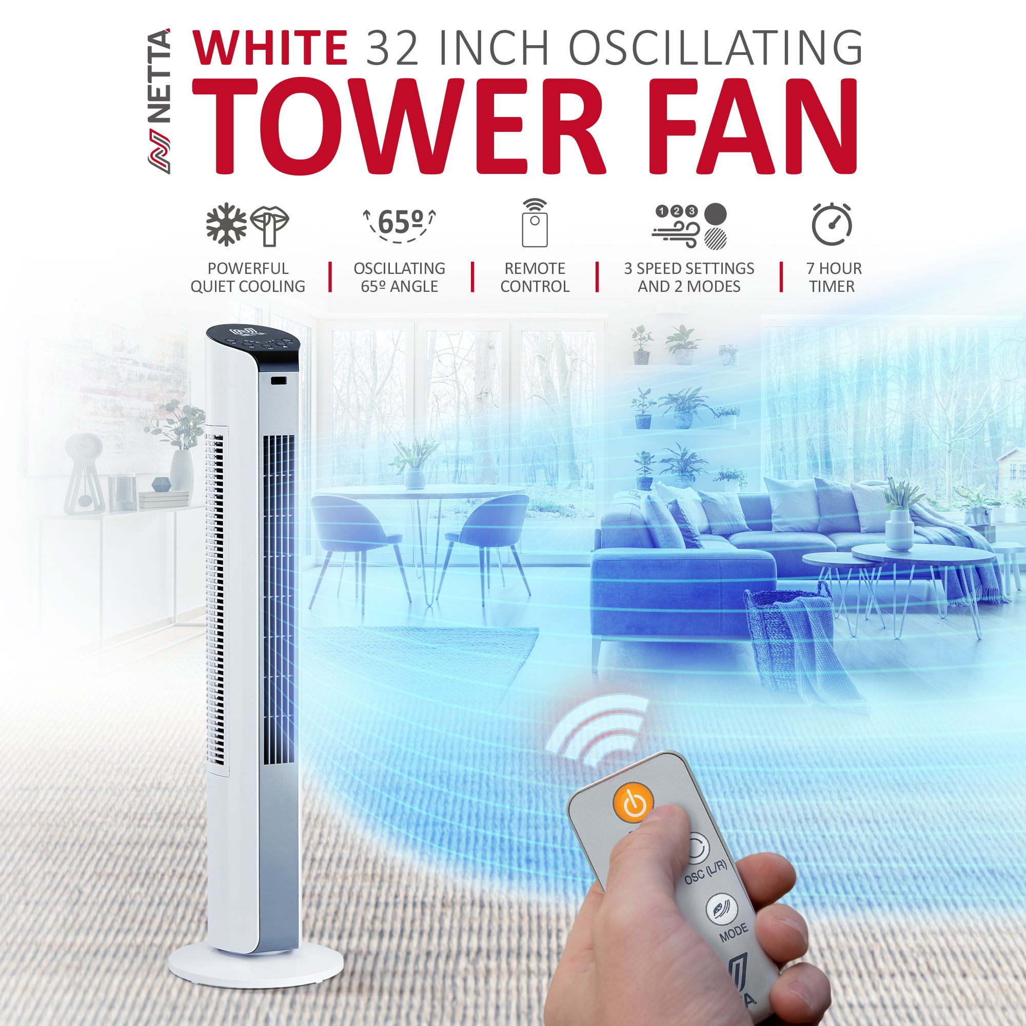 NETTA 32 Inch Tower Fan With Remote Control, Timer Quiet Cooling for Living Room, Bedroom, Office - White