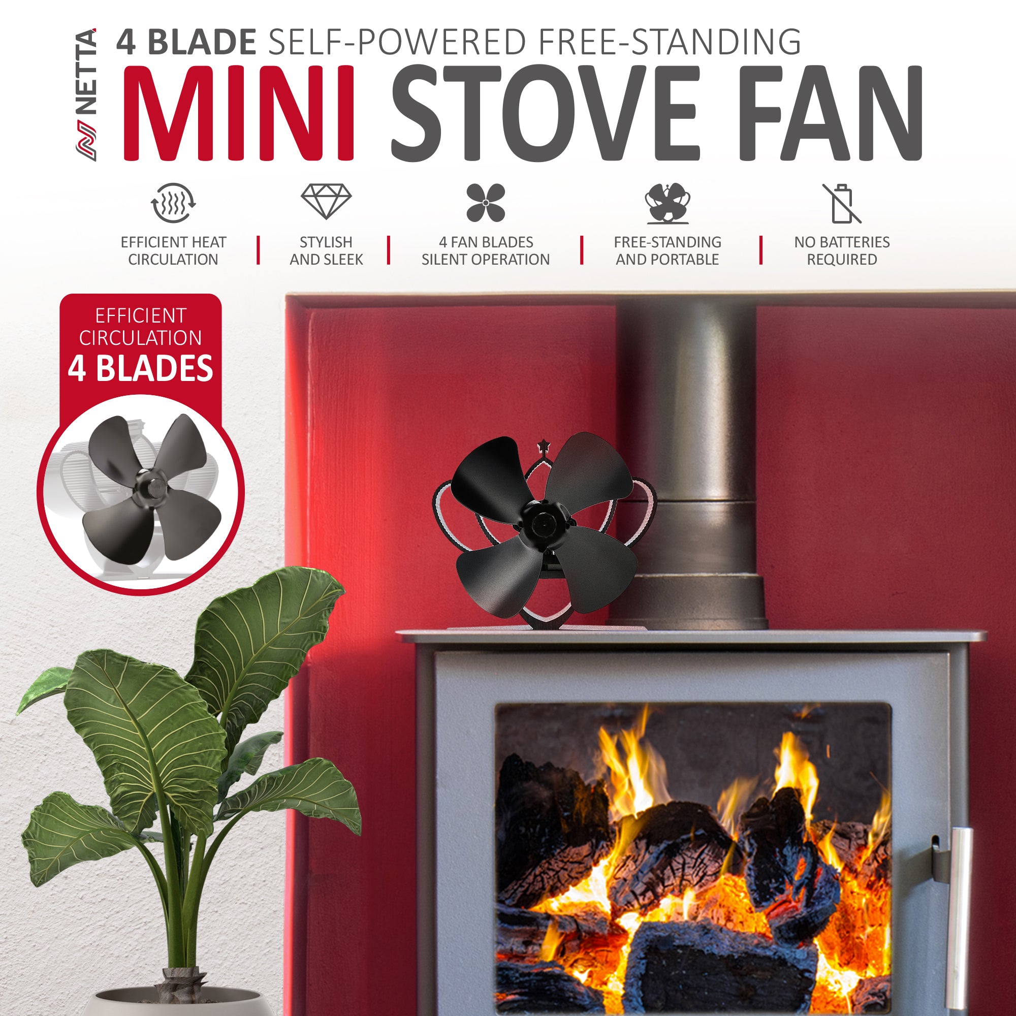 NETTA Mini 4 Blade Heat-Powered Stove Fan - 13cm suitable for Small Gap