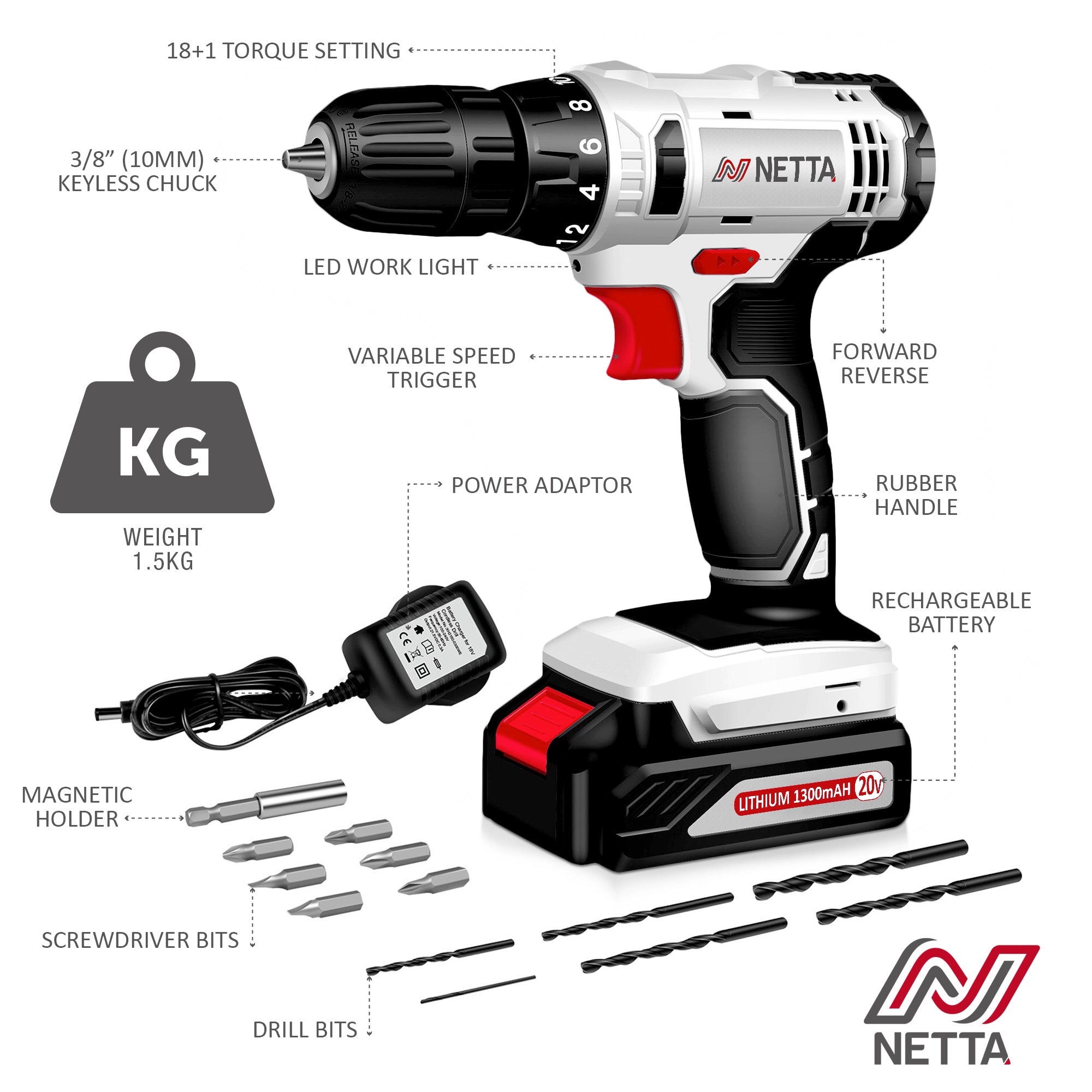 NETTA 20V Cordless Drill with 13pc Accessory and LED Work Light