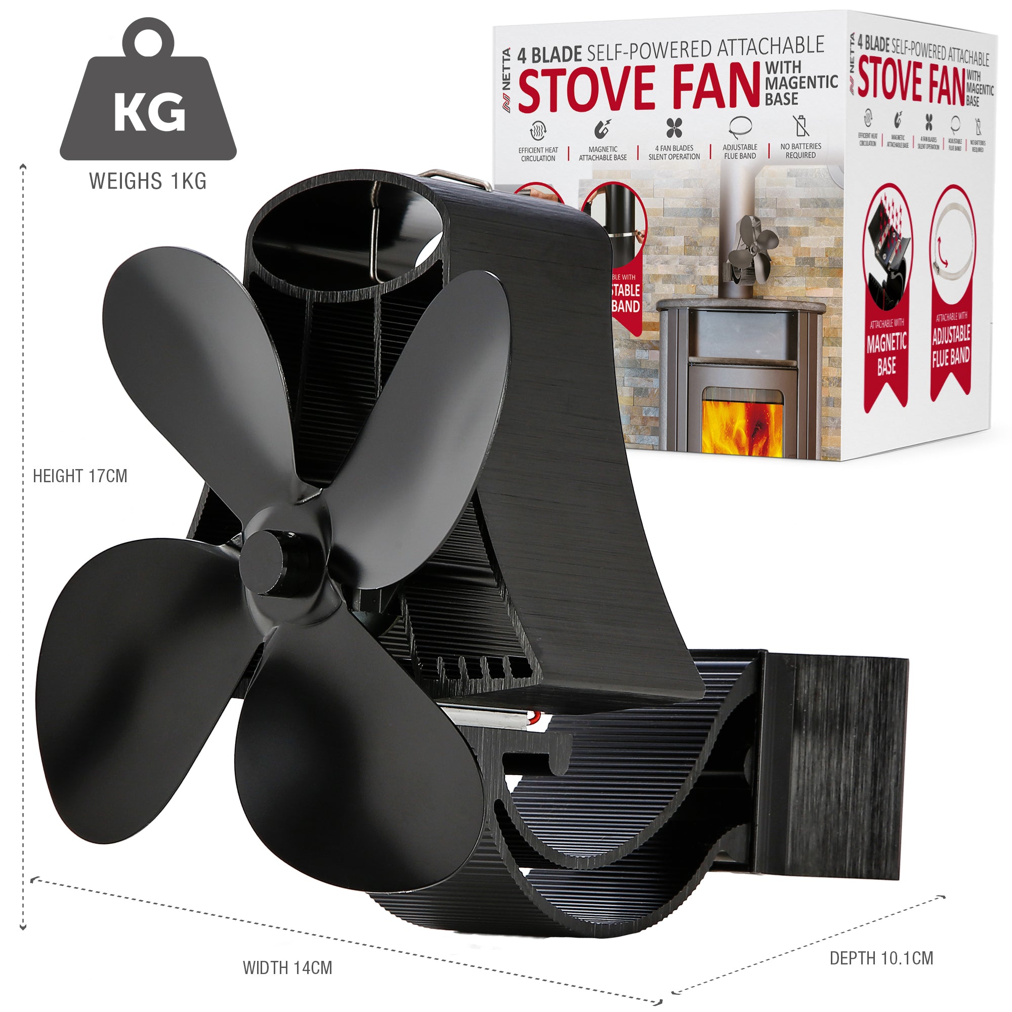 NETTA Magnetic 4 Blade Heat-Powered Stove Fan with Adjustable Flue Band