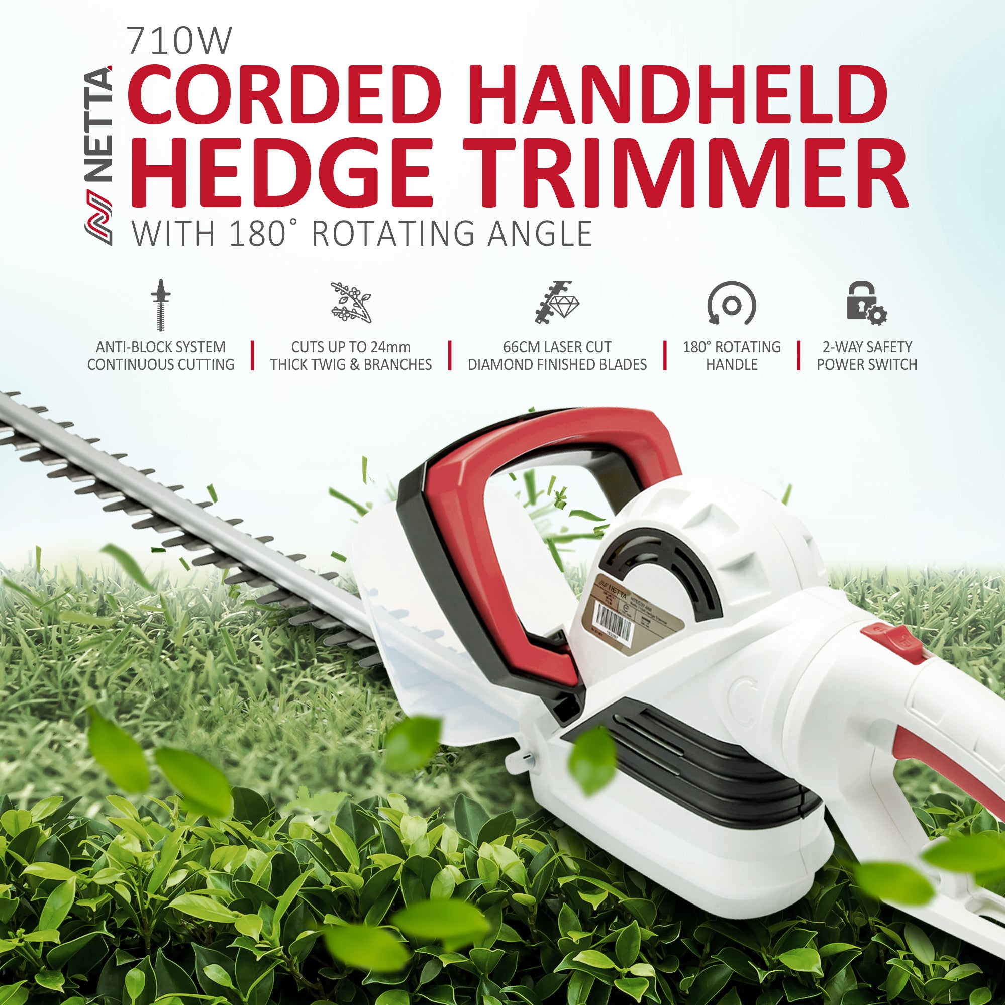 NETTA 710W Corded Hedge Trimmer 66CM Diamond Cutting Blade with Rotating Handle
