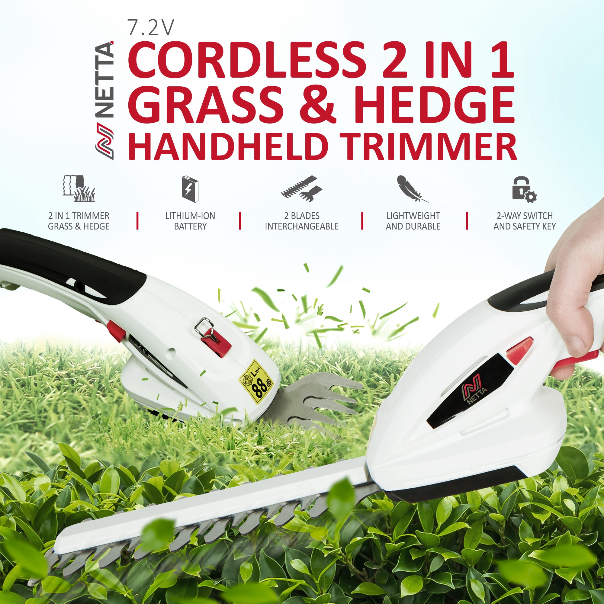 NETTA 7.2V Cordless 2 in 1 Grass & Hedge Trimmer  - Handheld