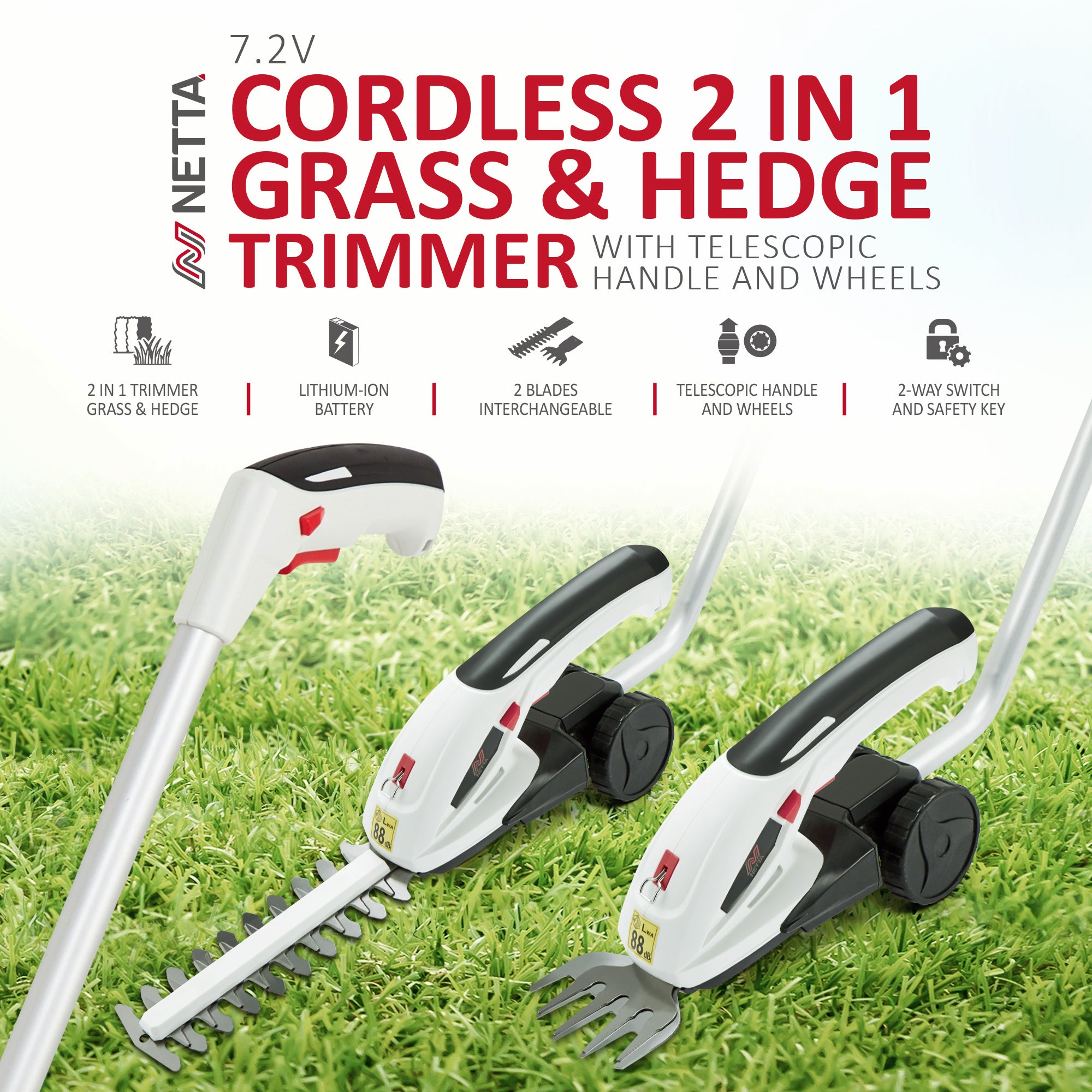 NETTA 7.2V Cordless 2 in 1 Grass and Hedge Trimmer with Telescopic Pole Handle