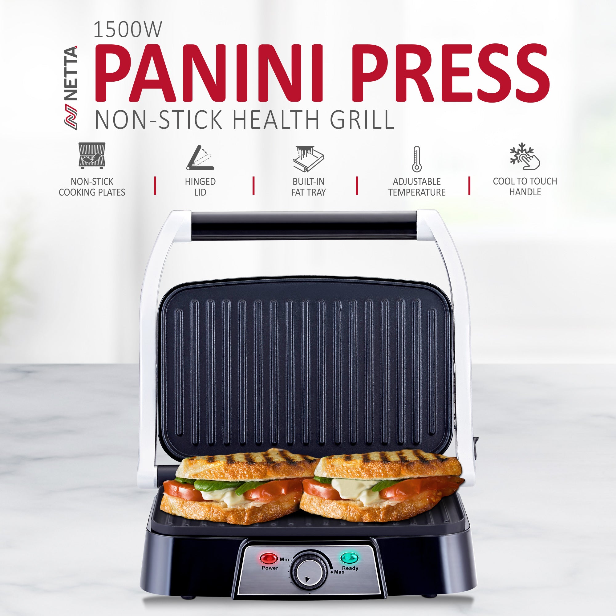 NETTA 1500W 2-Slice Panini Maker & Health Grill