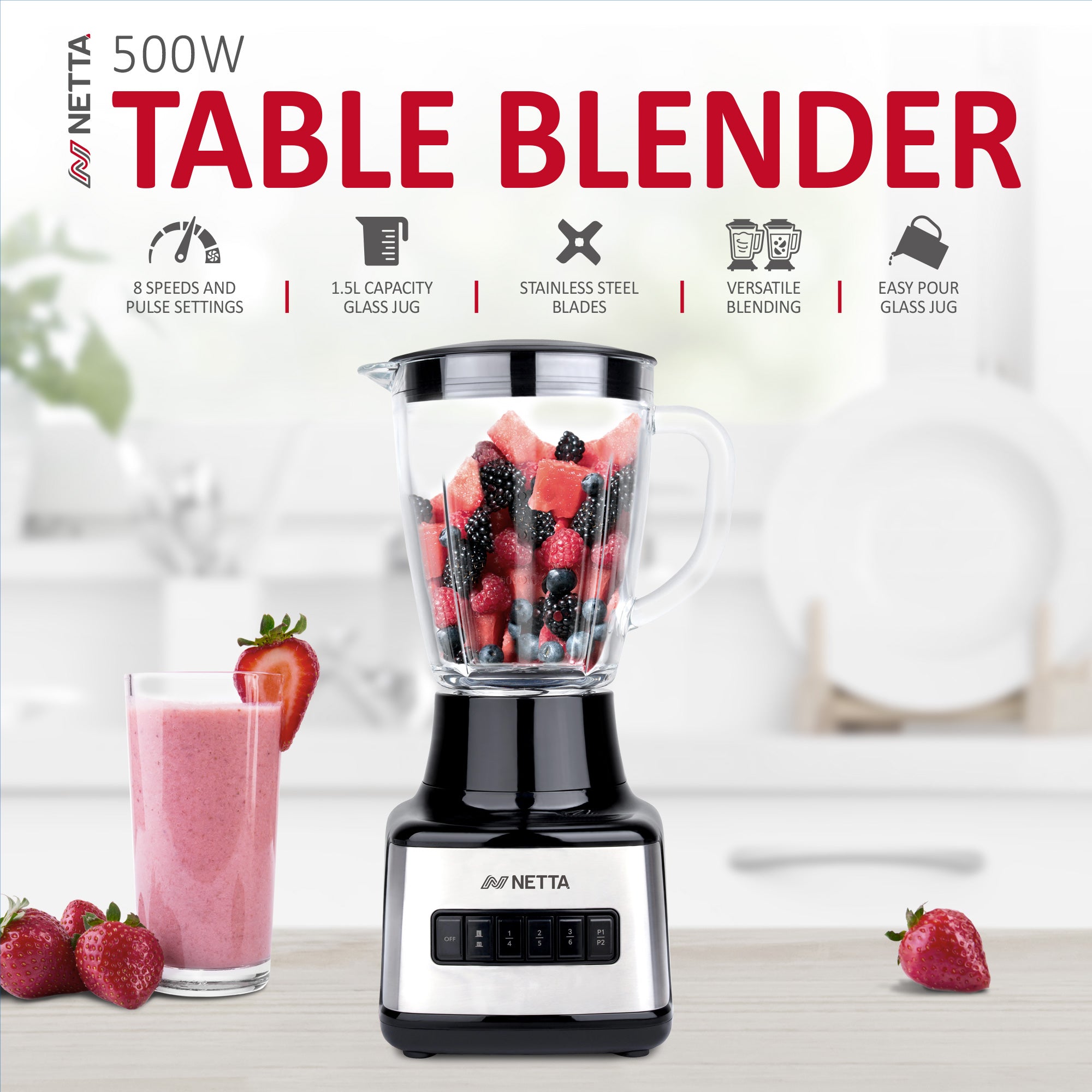 NETTA 8-Speed Table Blender with 1.5L Glass Jug