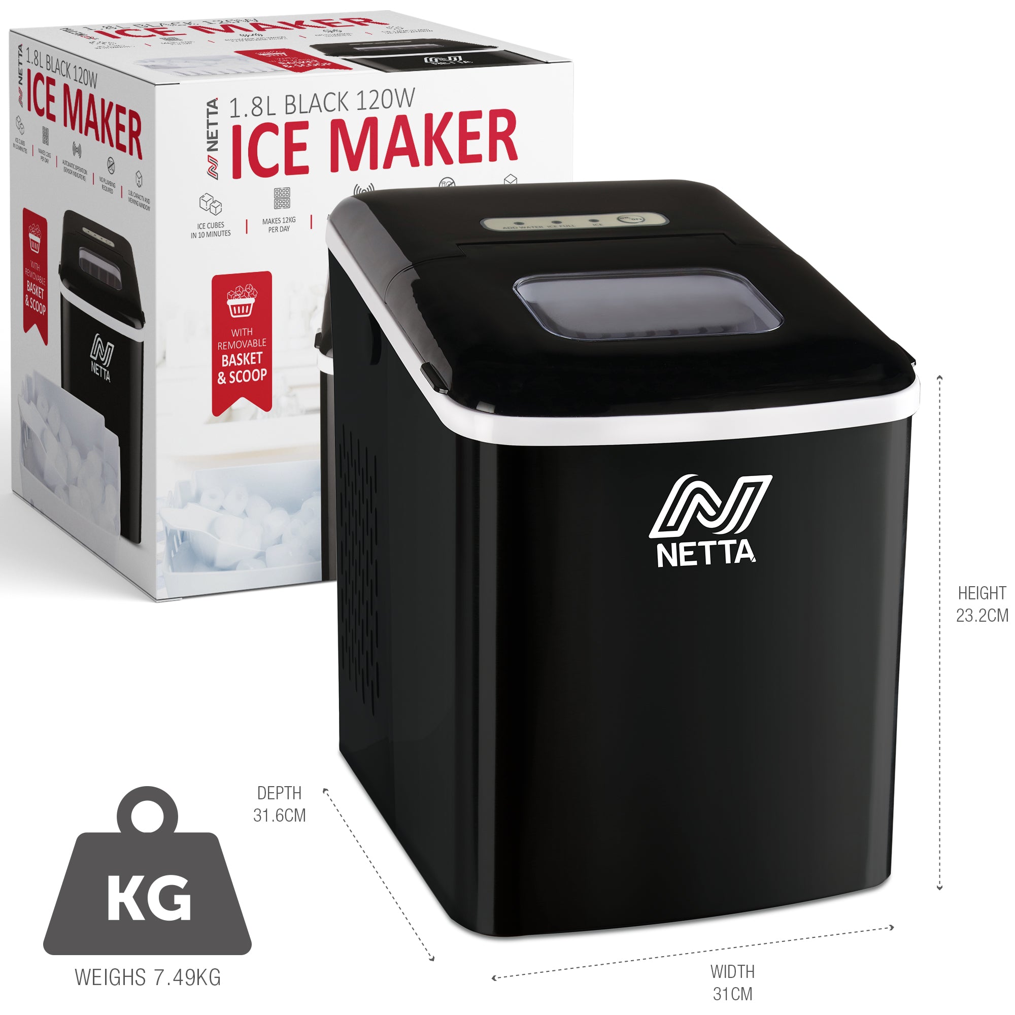 NETTA Ice Maker Machine with 1.8L Tank - Makes 12KG of Ice per Day - Black