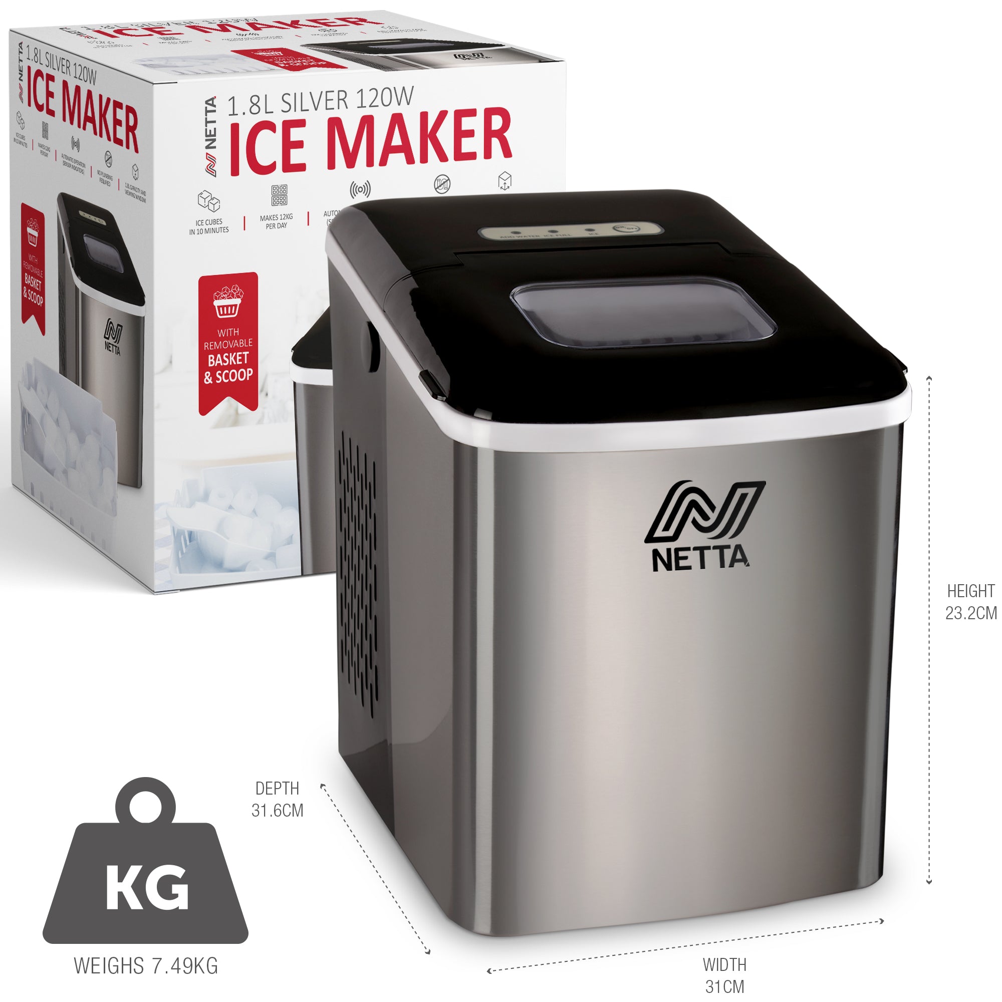 NETTA Ice Maker Machine with 1.8L Tank - Makes 12KG of Ice per Day - Stainless Steel