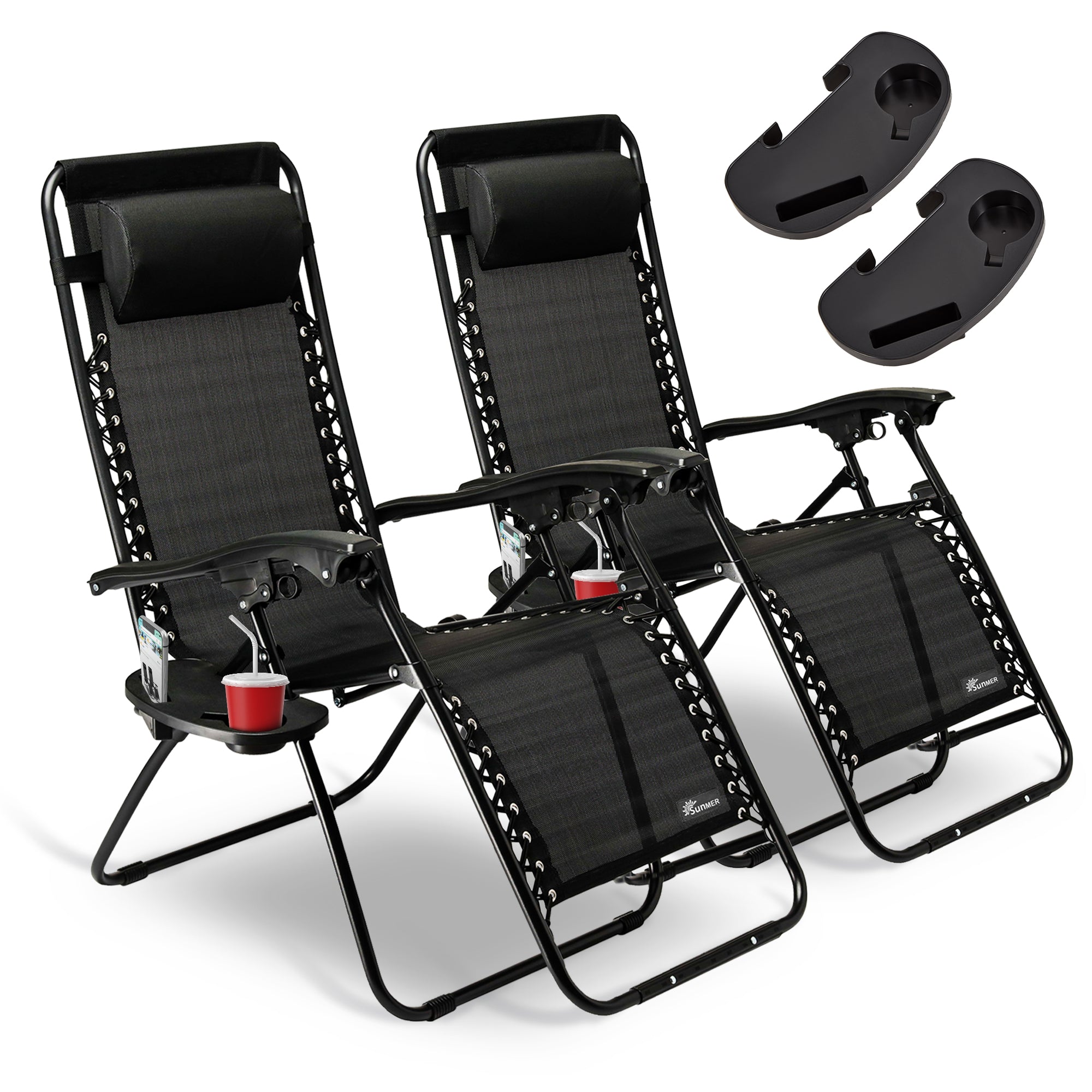 SUNMER Set of 2 Sun Lounger Garden Chairs With Cup And Phone Holder - Black