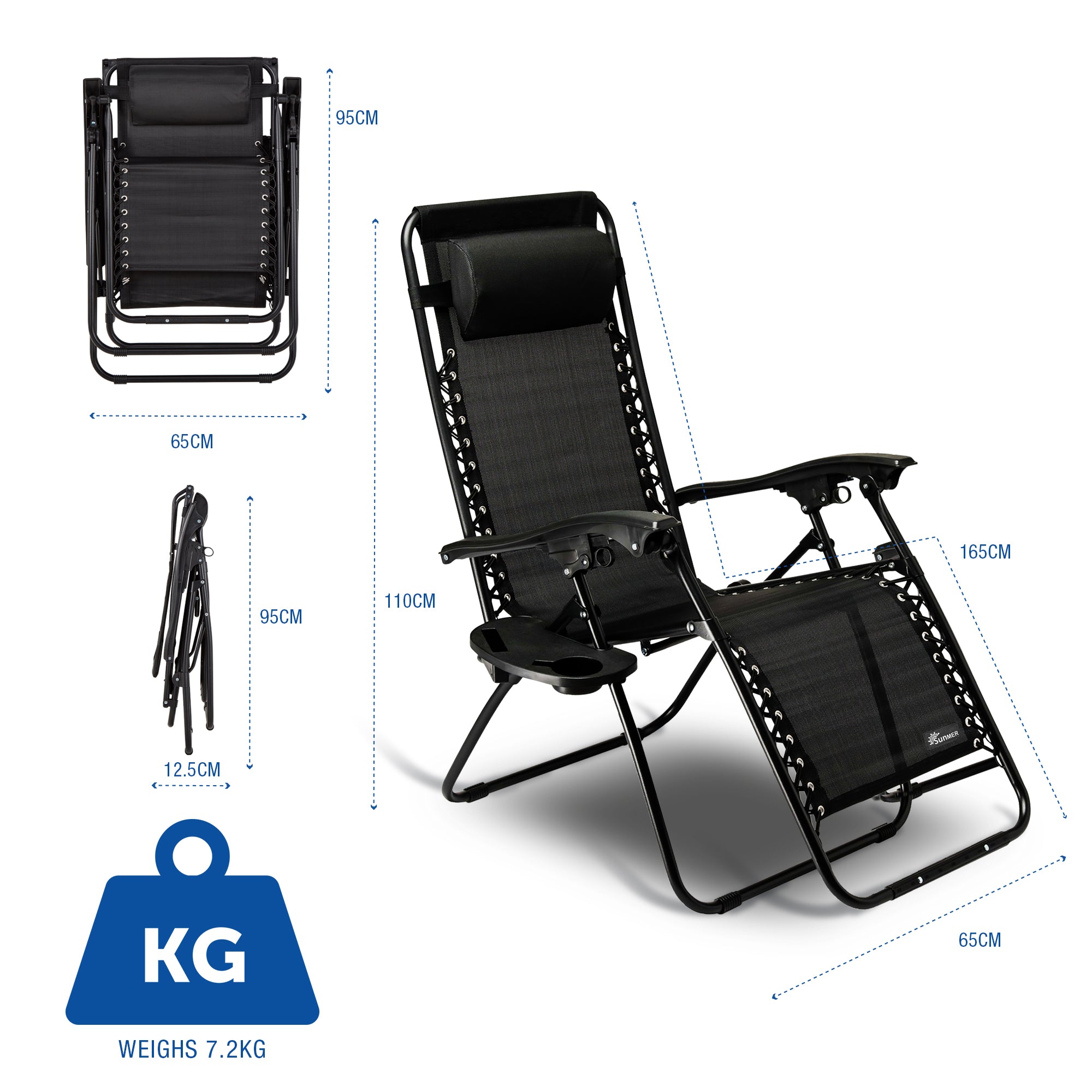SUNMER Set of 2 Sun Lounger Garden Chairs With Cup And Phone Holder - Black