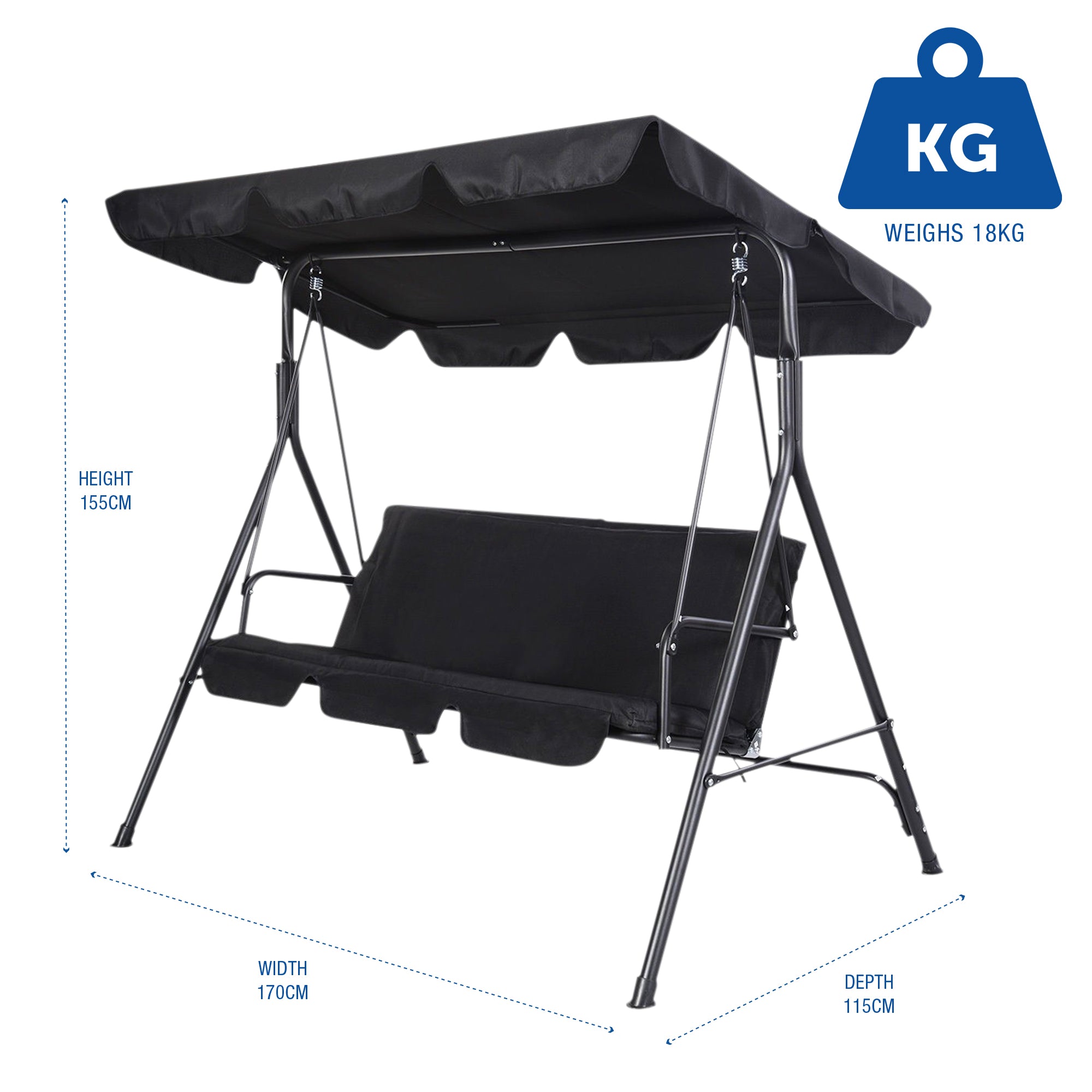 SUNMER 3-Seater Swing With Canopy - Black
