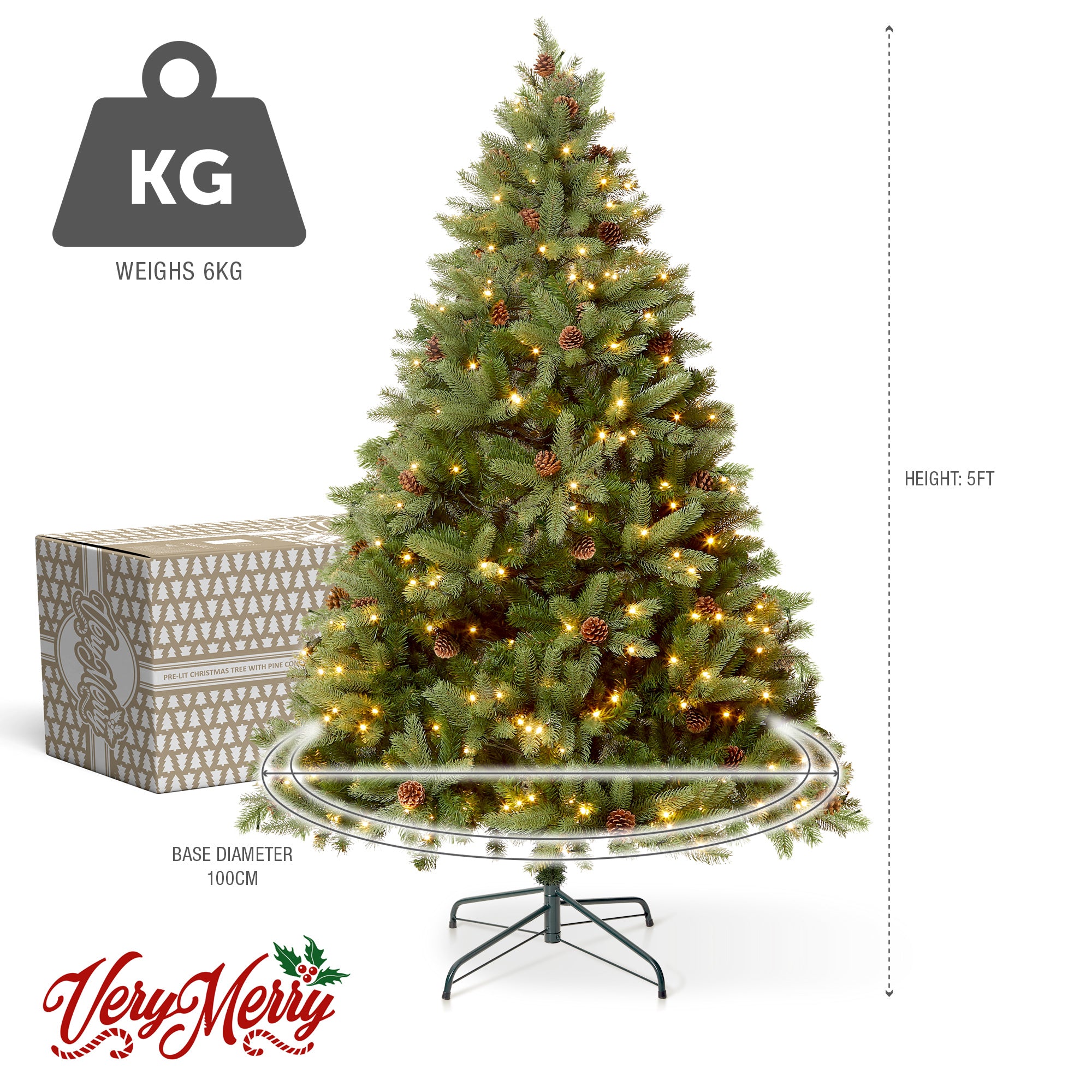 VeryMerry 5FT 'Ascot' Pre-Lit Christmas Tree with 200 Built-In Warm White LED Lights with Auto-Off Timer, 8 Lighting Modes and Real Decorative Pinecones