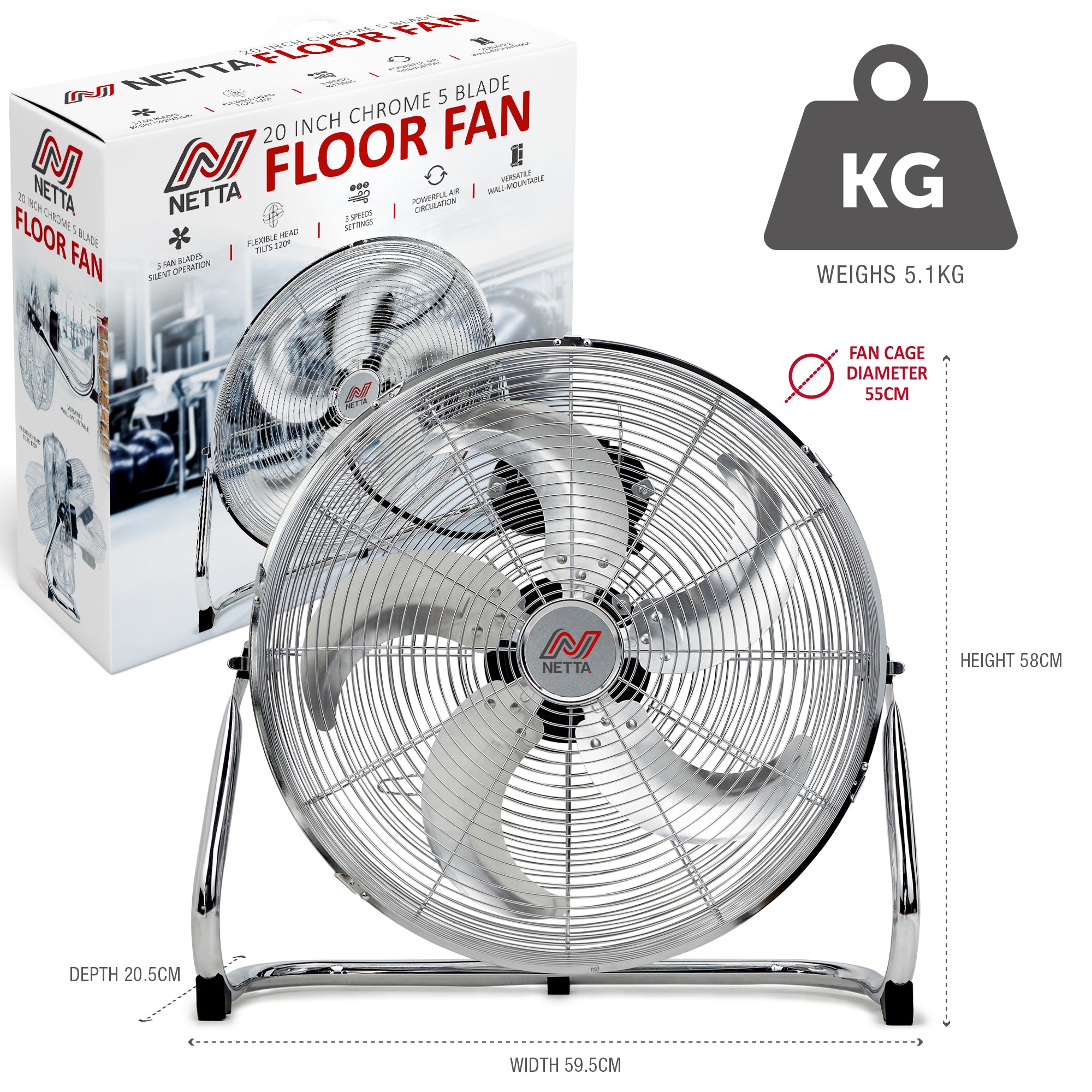 NETTA 20 Inch Gym Floor Fan - Chrome