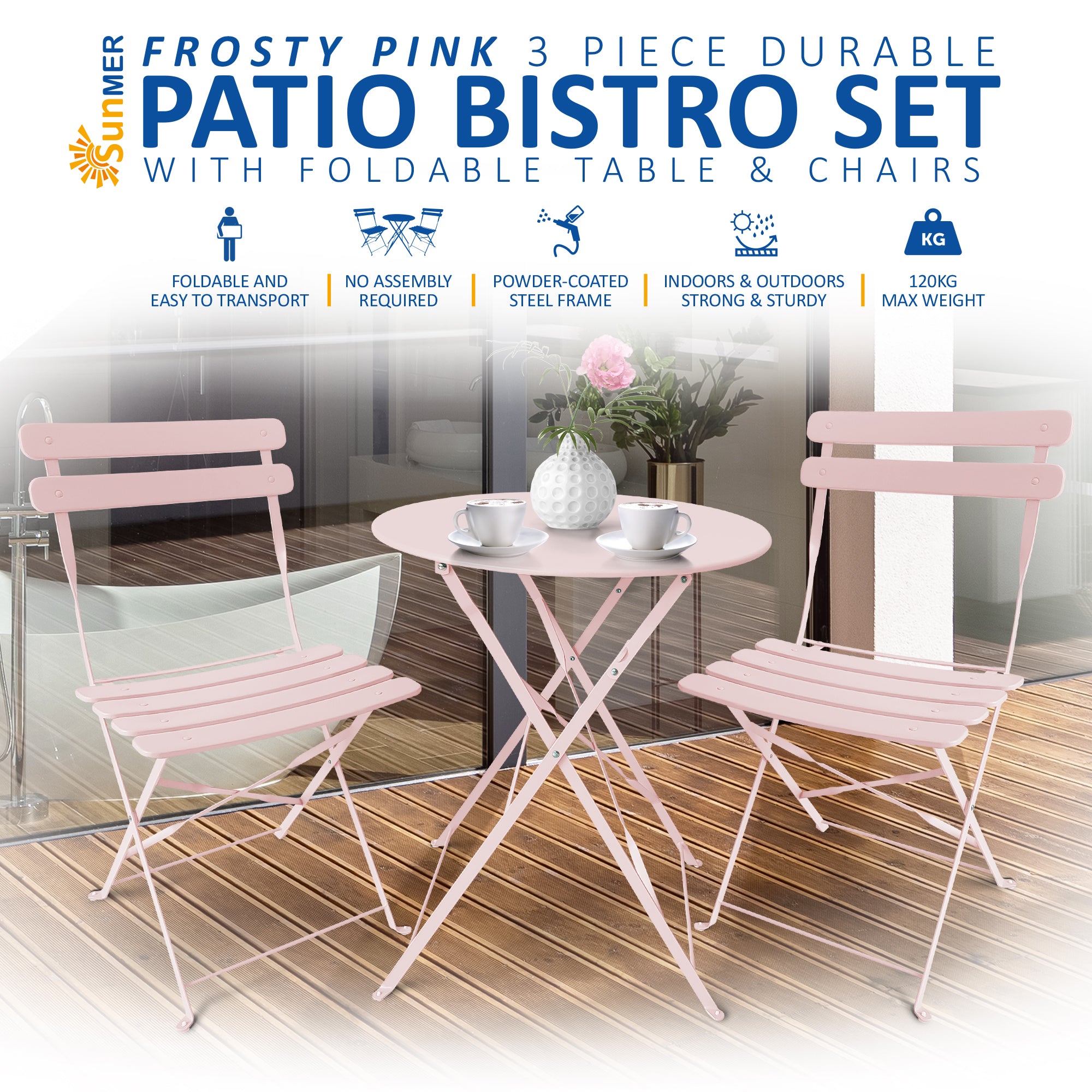 SUNMER Bistro Table & Chairs Set - Pink