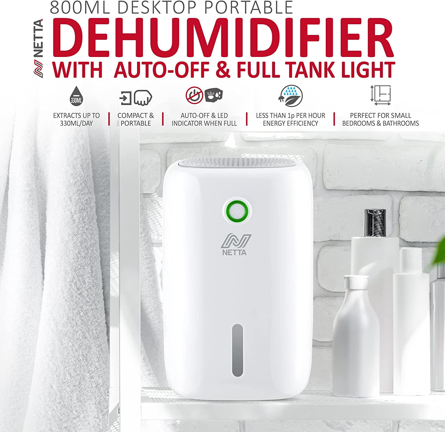 NETTA Portable Dehumidifier 800ml Mini Air Dehumidifier for Mould Moisture