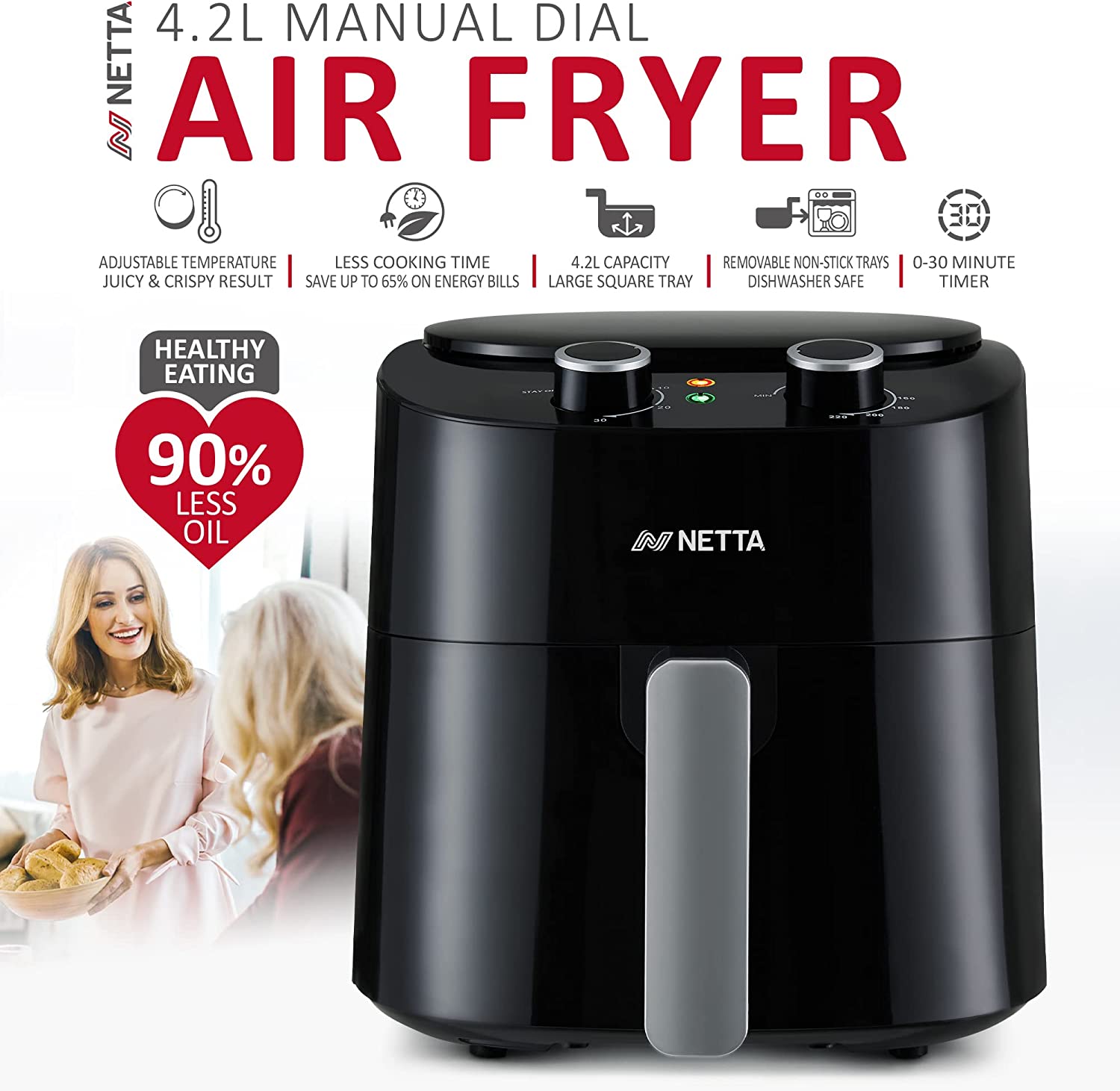 NETTA Manual Air Fryer with Drawer and Detachable Non-Stick Frying Tray
