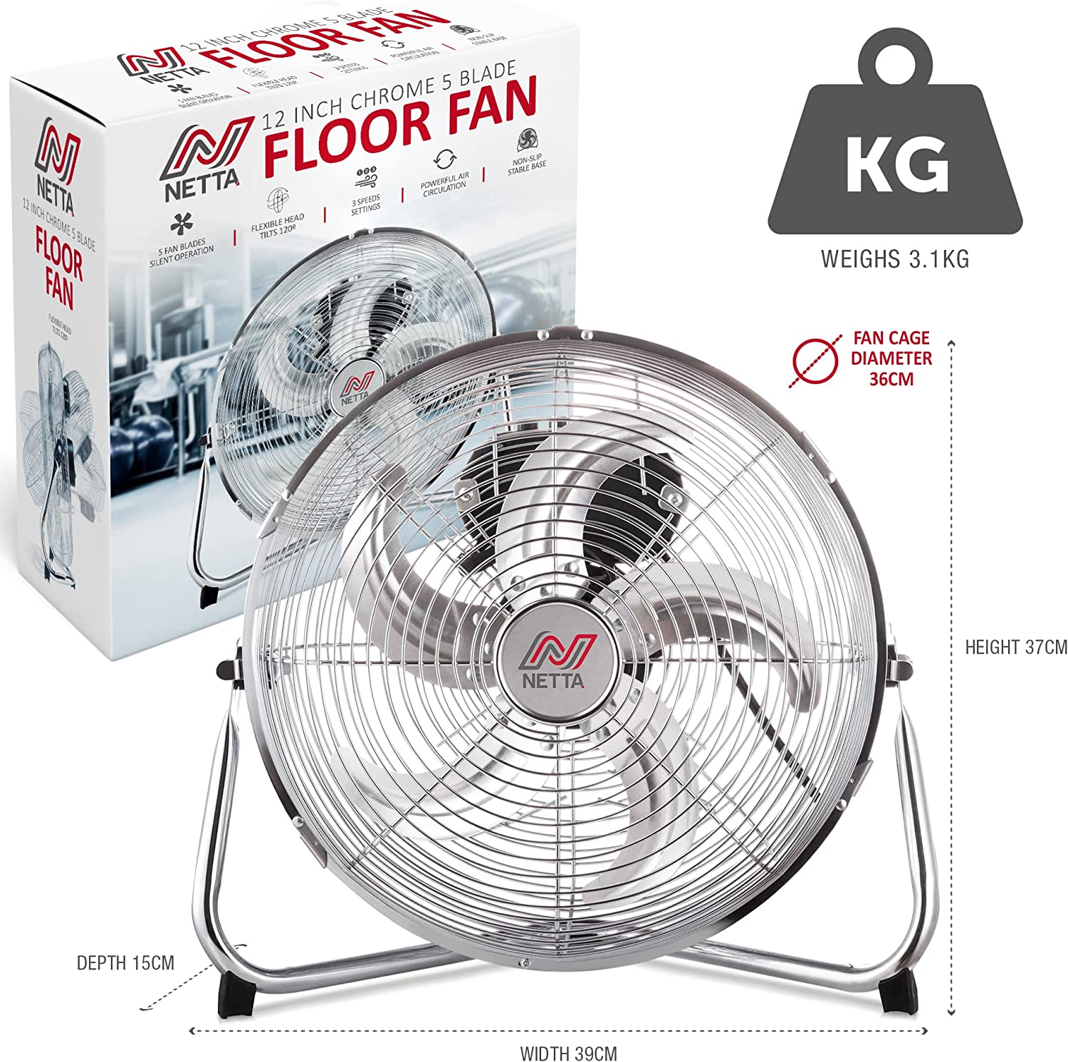 NETTA 12 Inch Gym Floor Fan – Chrome