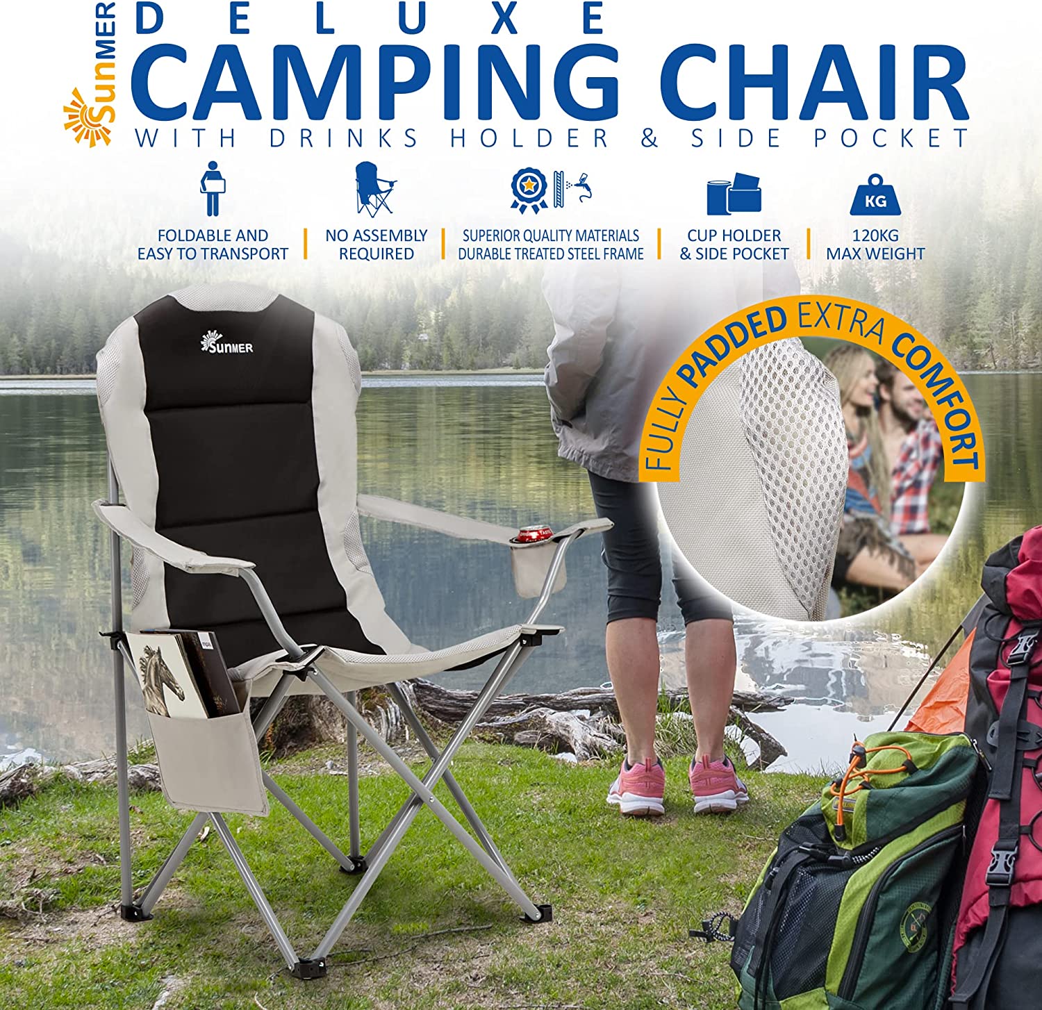 SUNMER Folding Padded Camping Chair - Black & Grey