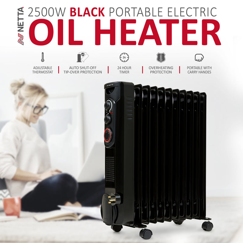 NETTA Oil Filled Radiator 2500W Portable Electric Heater with Thermostat & 24 Hour Timer – 11 Fin, Black