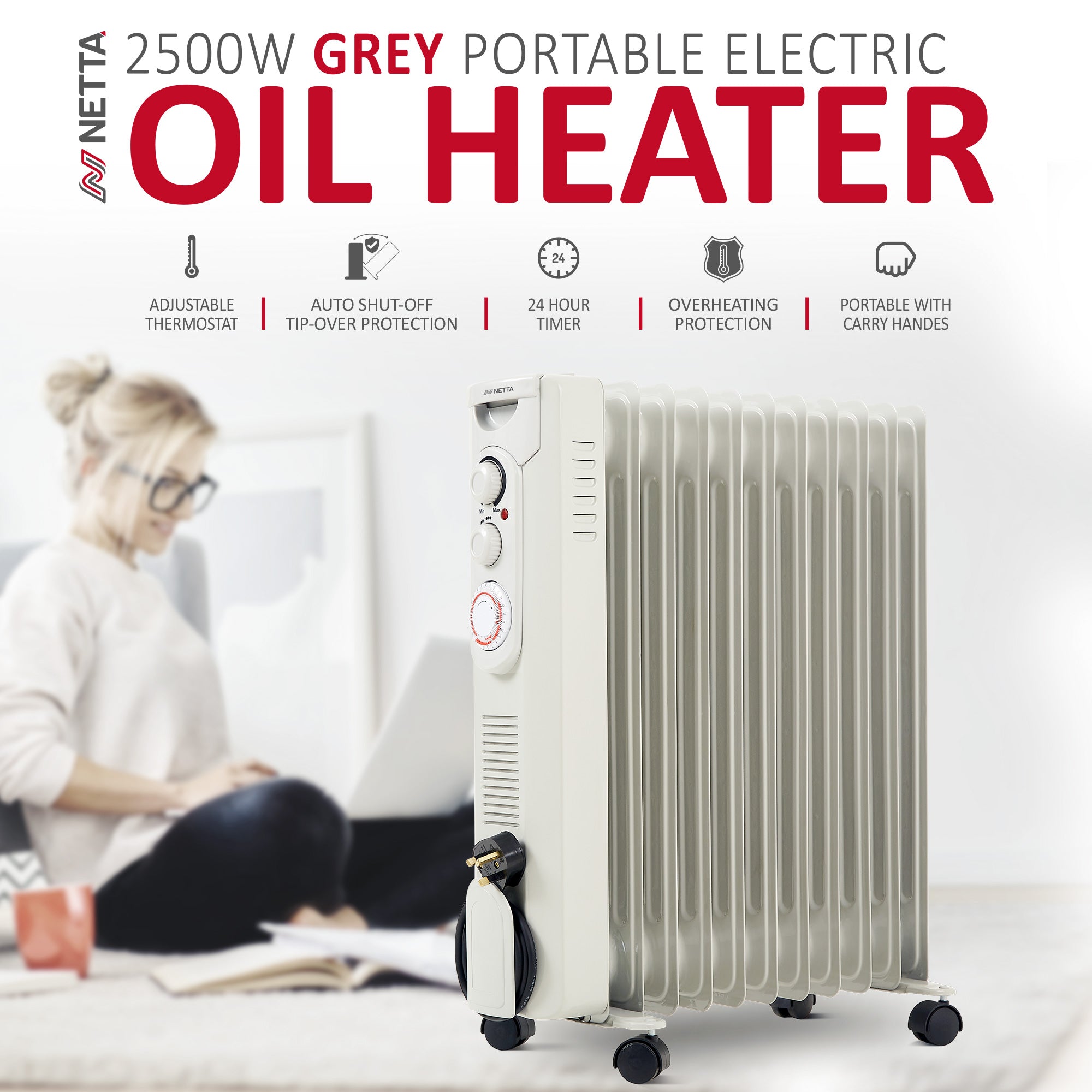 NETTA Oil Filled Radiator 2500W Portable Electric Heater with Thermostat & 24 Hour Timer – 11 Fin, Grey