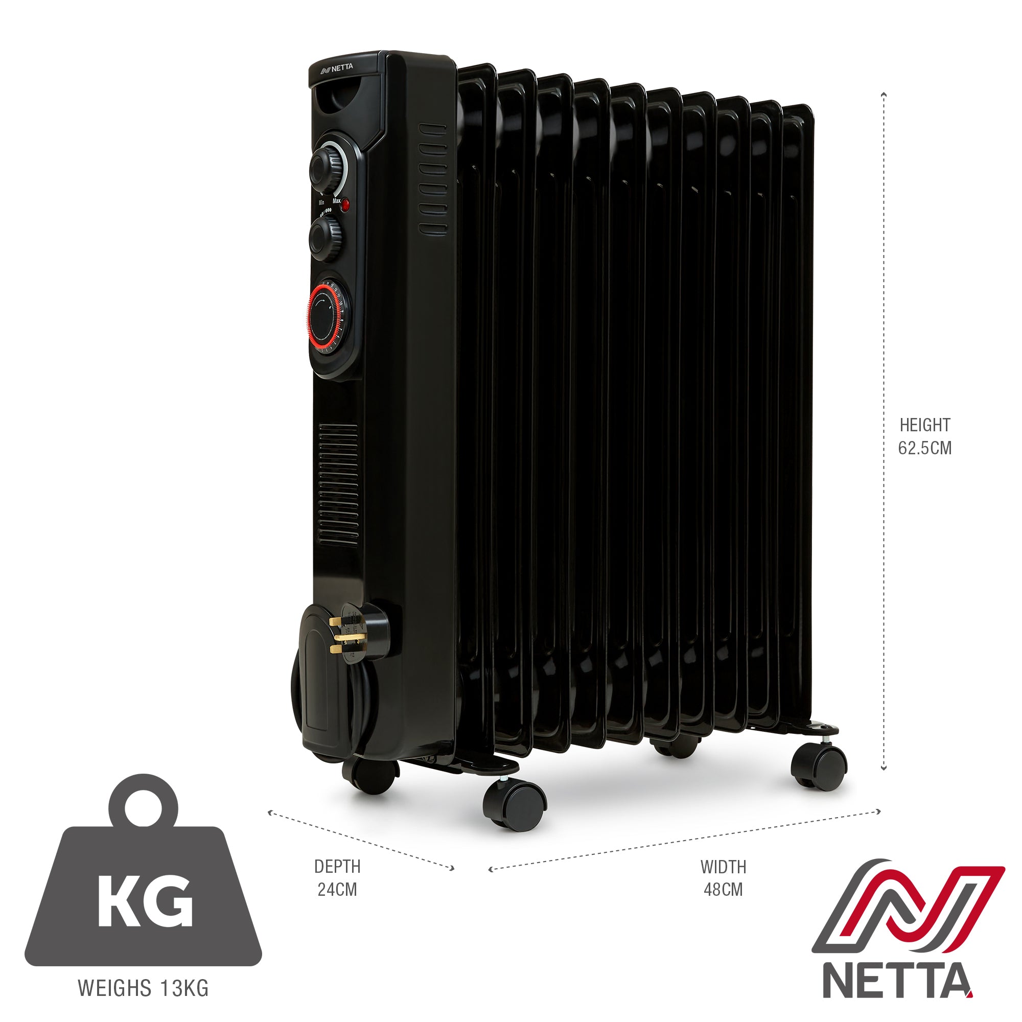 NETTA Oil Filled Radiator 2500W Portable Electric Heater with Thermostat & 24 Hour Timer – 11 Fin, Black