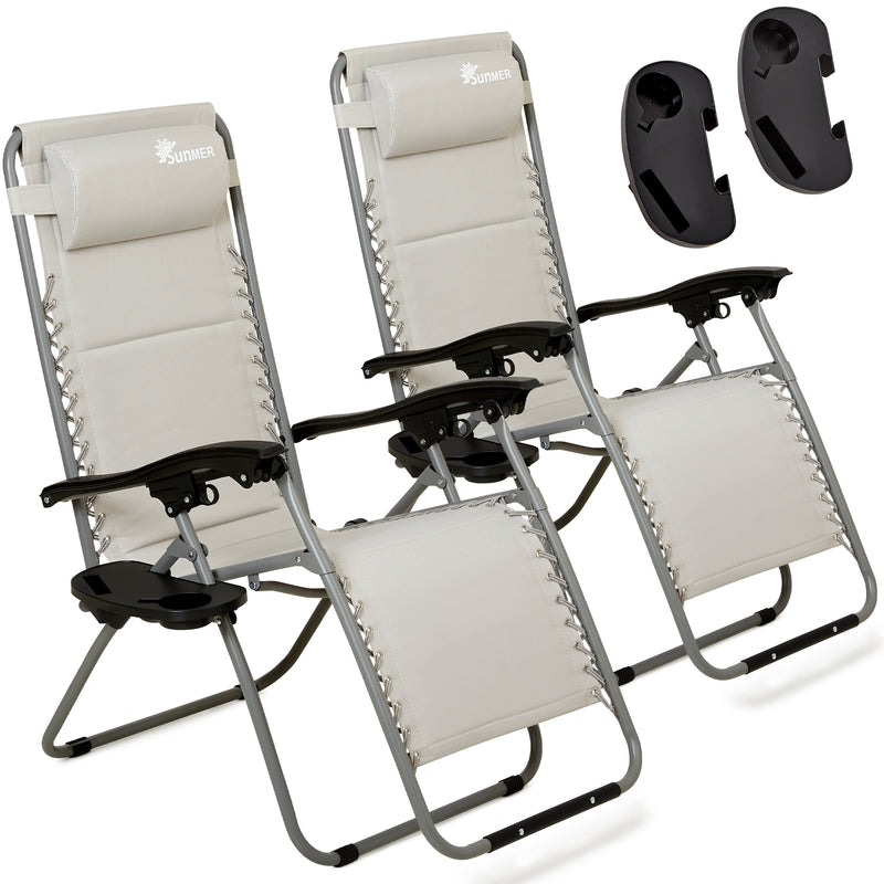 Padded Reclining Sun Lounger Recliner Chair - Grey - Set of 2