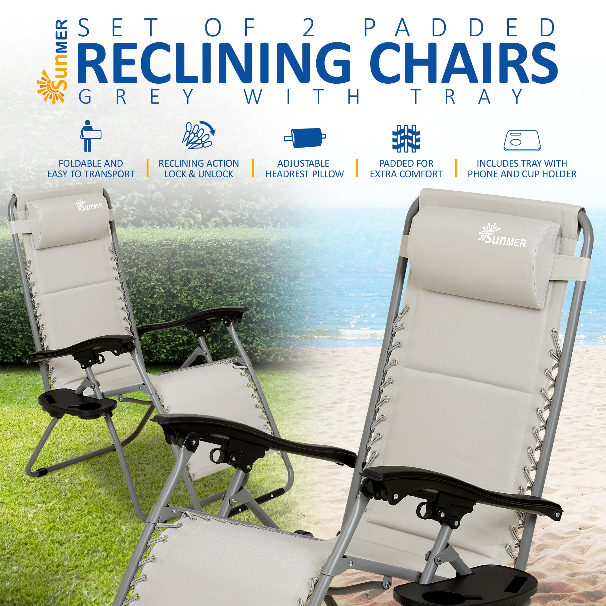 SUNMER Set of 2 Sun Lounger Padded Garden Chairs - Grey