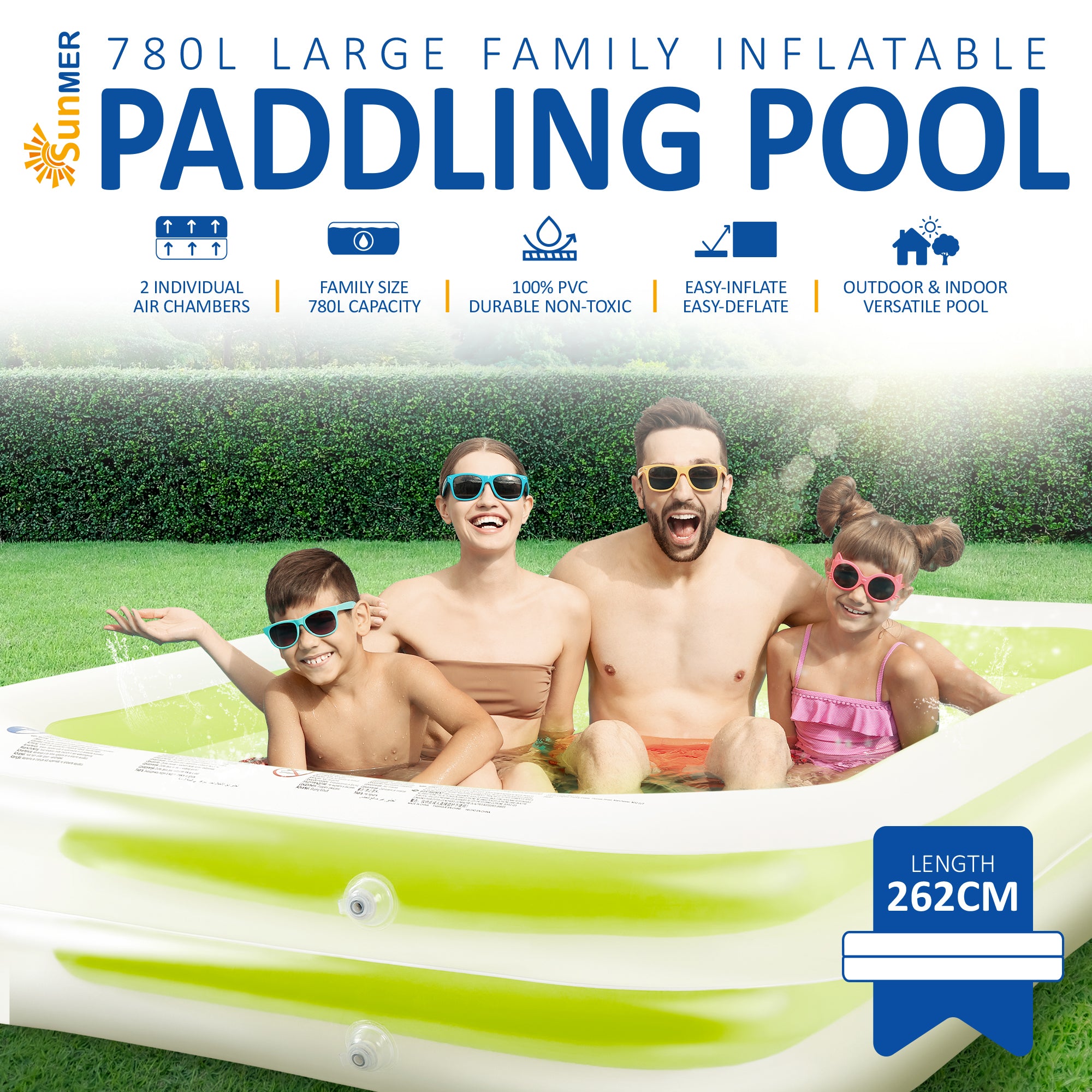 SUNMER Large 8.5ft Inflatable Family Paddling Pool - 780L Capacity