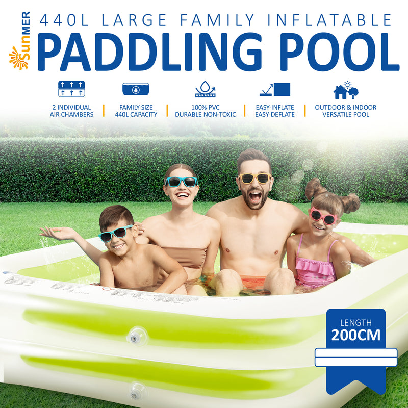 SUNMER Large Inflatable Family Paddling Pool – 200cm x 150cm x 50cm - 6.5Ft