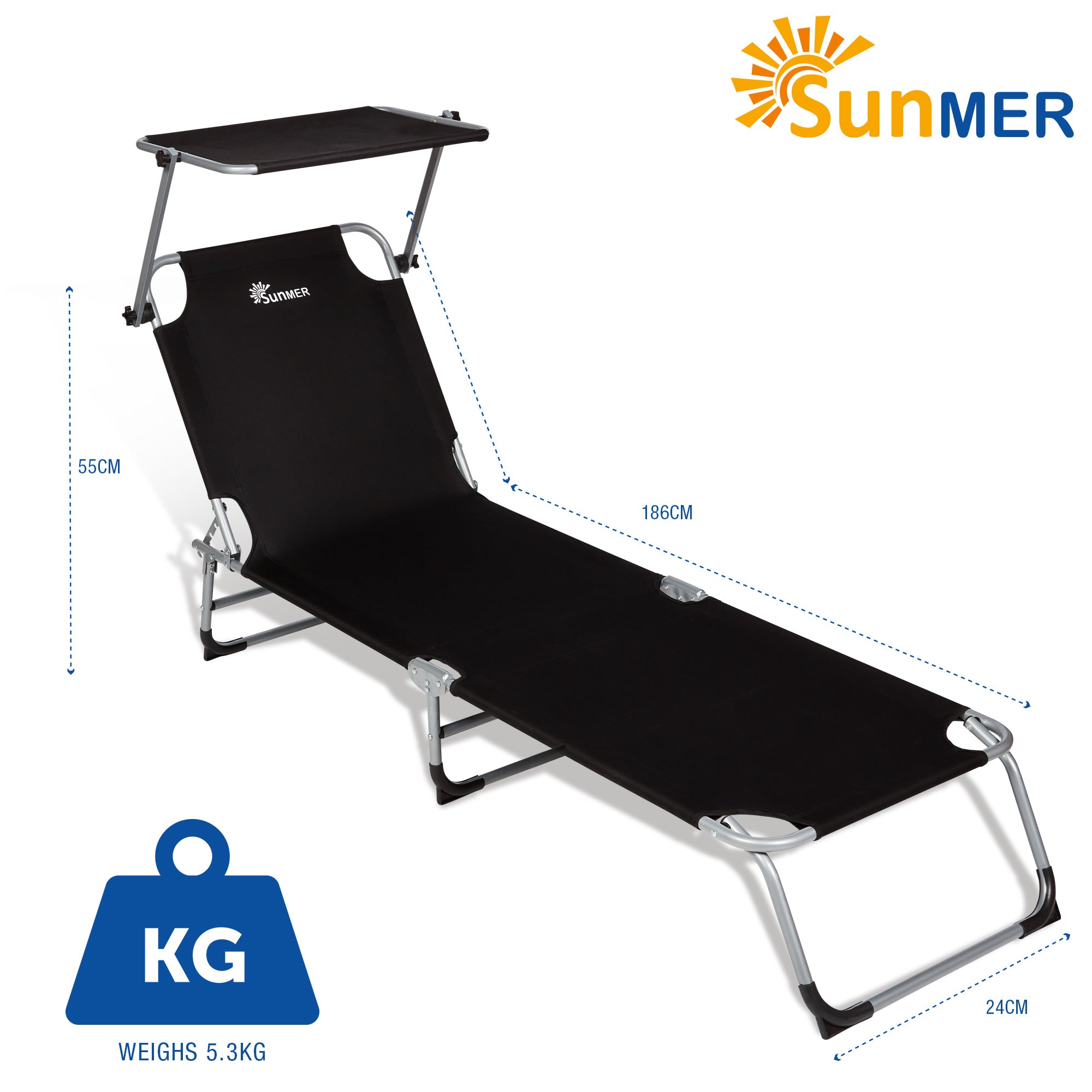 Sun Beds Loungers Recliners with Adjustable Canopy - Black - Set of 2