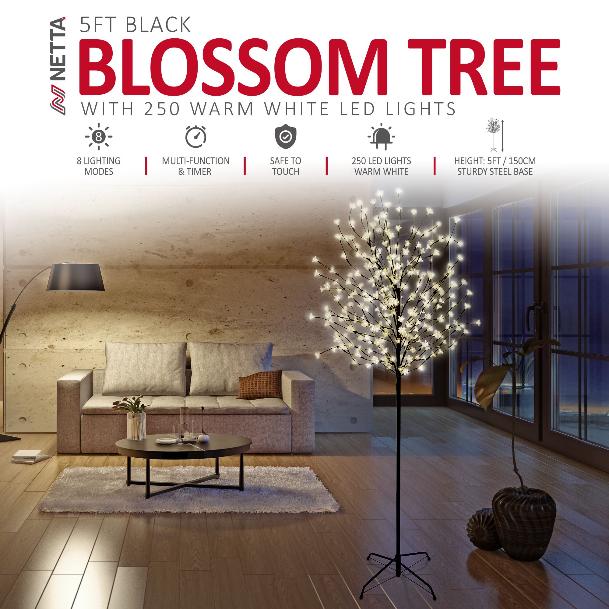 NETTA 5FT LED Cherry Blossom Tree, 250 Pre-Lit Lights, Auto-Off Timer and 8 Lighting Modes, 3M Power Cable, Suitable for Indoor and Outdoor Use - Warm White