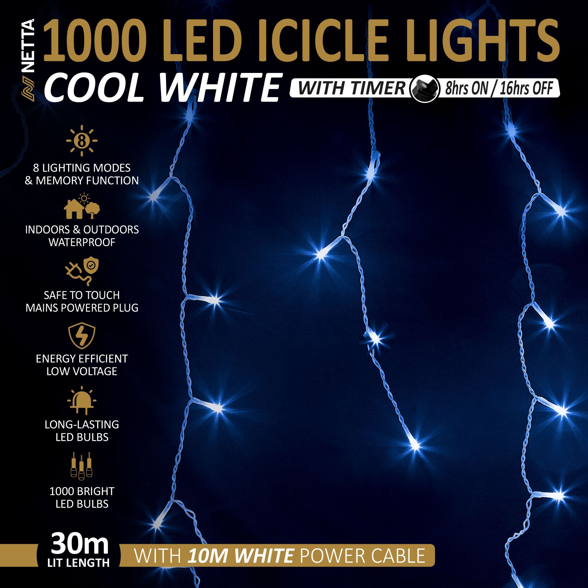 1000 LED Icicle Lights 30M Outdoor - Cool White, with White Cable