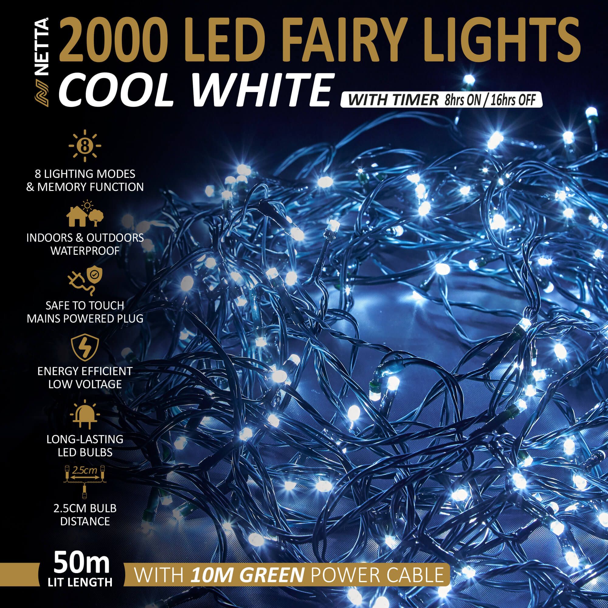 NETTA 2000 LED Fairy String Lights 50M Indoor & Outdoor Christmas Tree Lights Green Cable - Cool White