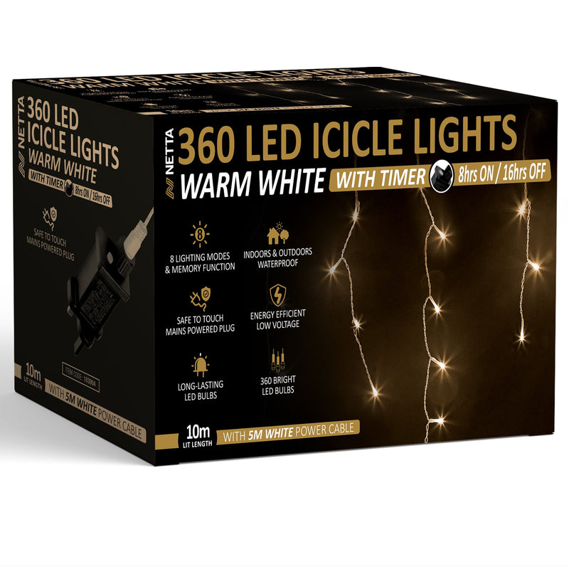 Icicle Lights 360 LED Outdoor Christmas Lights 10M Lit Length, Timer - Warm White, with White Cable