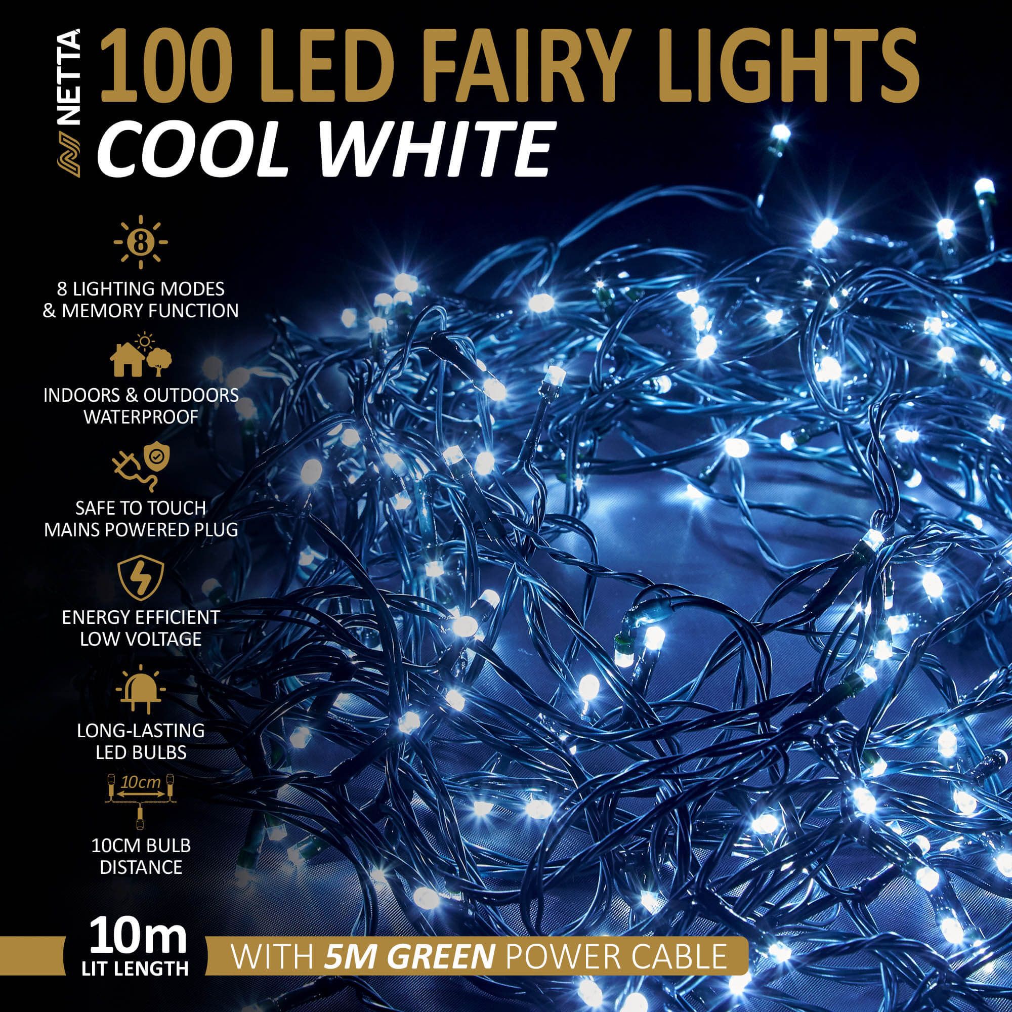 NETTA 100 LED 10M Fairy String Lights Outdoor and Indoor Plug In - Cool White