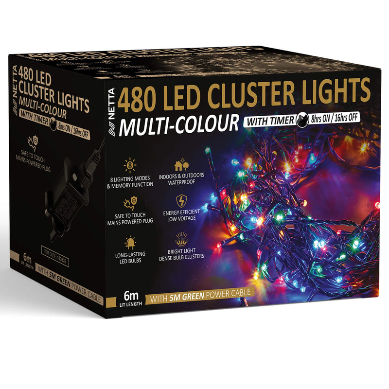 480 LED 6M Cluster String Lights Outdoor and Indoor Plug In - Multi Colour